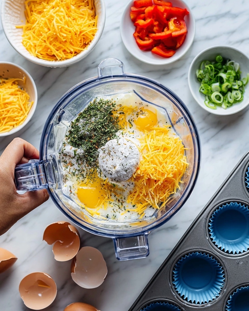 A clear blender jar sits on a white marbled surface, filled with visible layers: at the bottom are broken eggs with yellow yolks, topped with shredded orange cheese, a white powdery ingredient likely flour or starch, and a sprinkle of black pepper and green dried herbs resting on top. Around the blender, there are small white bowls holding more shredded yellow cheese, bright red chopped bell peppers, and a pile of sliced green onions. Nearby, a woman's hand grips the blender handle, and three broken brown eggshells lie on the surface next to a metal muffin tray holding blue silicone baking cups. Photo taken with an iphone --ar 4:5 --v 7