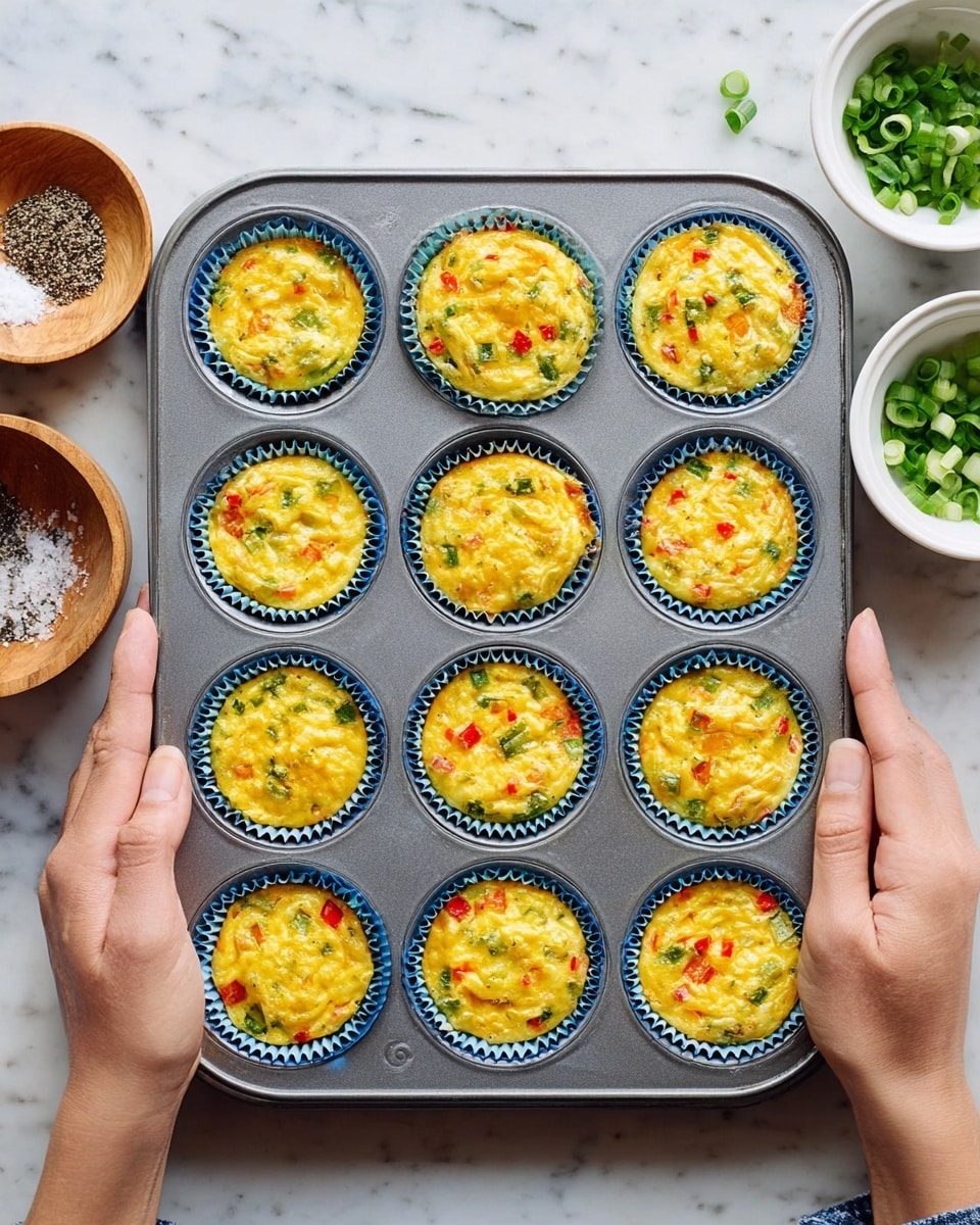 A metal baking tray holding twelve small egg muffins inside blue paper cups, each muffin showing a golden-yellow top with visible bits of red and green vegetables stirred through, creating a colorful speckled texture. Two woman's hands are holding the tray on each side over a white marbled surface, with a small wooden bowl of salt and pepper on the left and a white bowl of chopped green onions on the right. The overall scene is bright and clean, focusing on the freshly baked egg muffins. photo taken with an iphone --ar 4:5 --v 7