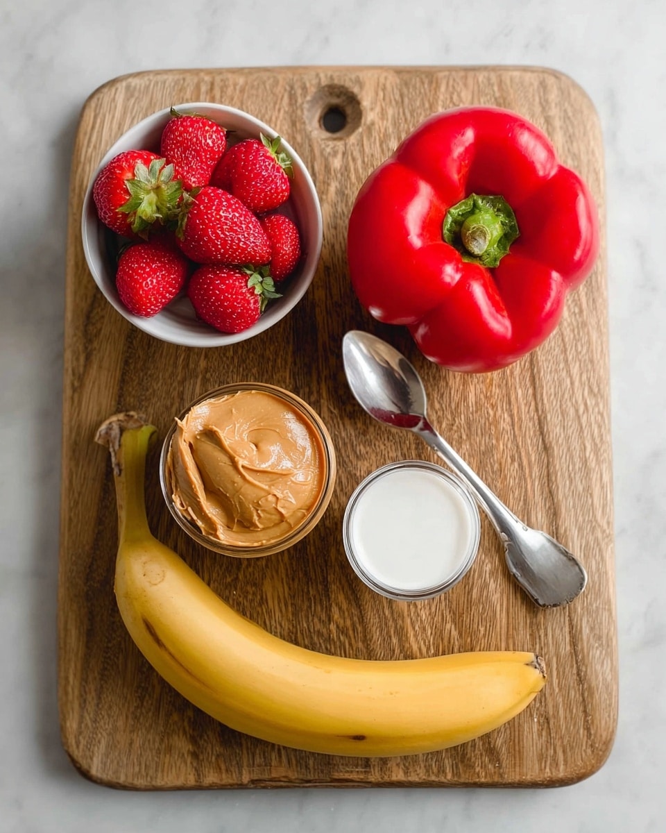A wooden cutting board holds several items neatly arranged: at the top left is a small white bowl filled with bright red strawberries with green tops, next to it on the right is a shiny red bell pepper. Below the strawberries is a silver spoon with a thick scoop of creamy peanut butter, and to its right is a small white cup filled with white milk. At the bottom of the board is a yellow banana, lying horizontally. The background is a white marbled texture. photo taken with an iphone --ar 4:5 --v 7