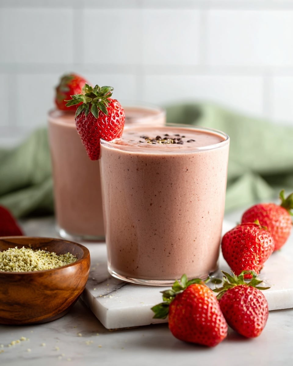 A thick, smooth chocolate smoothie with a light reddish-brown color fills a clear glass, topped with crushed dark chocolate pieces and light green hemp seeds sprinkled over the surface. A fresh red strawberry with green leaves is placed on the rim of the glass. The glass is set on a white marbled surface with scattered fresh strawberries nearby and a small bowl of hemp seeds in the foreground. In the background, there is a white bowl with sliced bananas slightly blurred. Photo taken with an iphone --ar 4:5 --v 7