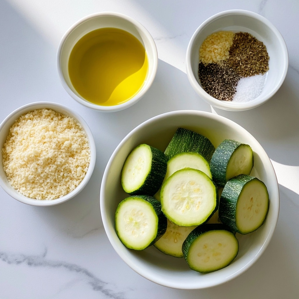 The image shows four white bowls on a white marbled surface, each holding a different ingredient. The largest bowl in the center holds several slices of fresh green zucchini with light green, almost white centers showing seeds. To the left, a smaller bowl contains finely grated pale yellow parmesan cheese with a dry texture. Above it, another small bowl holds bright golden-yellow olive oil with a smooth, shiny surface. To the right, the last bowl shows a mix of dry spices arranged in small, separate piles: light yellow garlic powder, brown dried oregano, black pepper, and white salt. Each bowl and ingredient is clearly visible with bright natural light lighting the scene, photo taken with an iphone --ar 4:5 --v 7