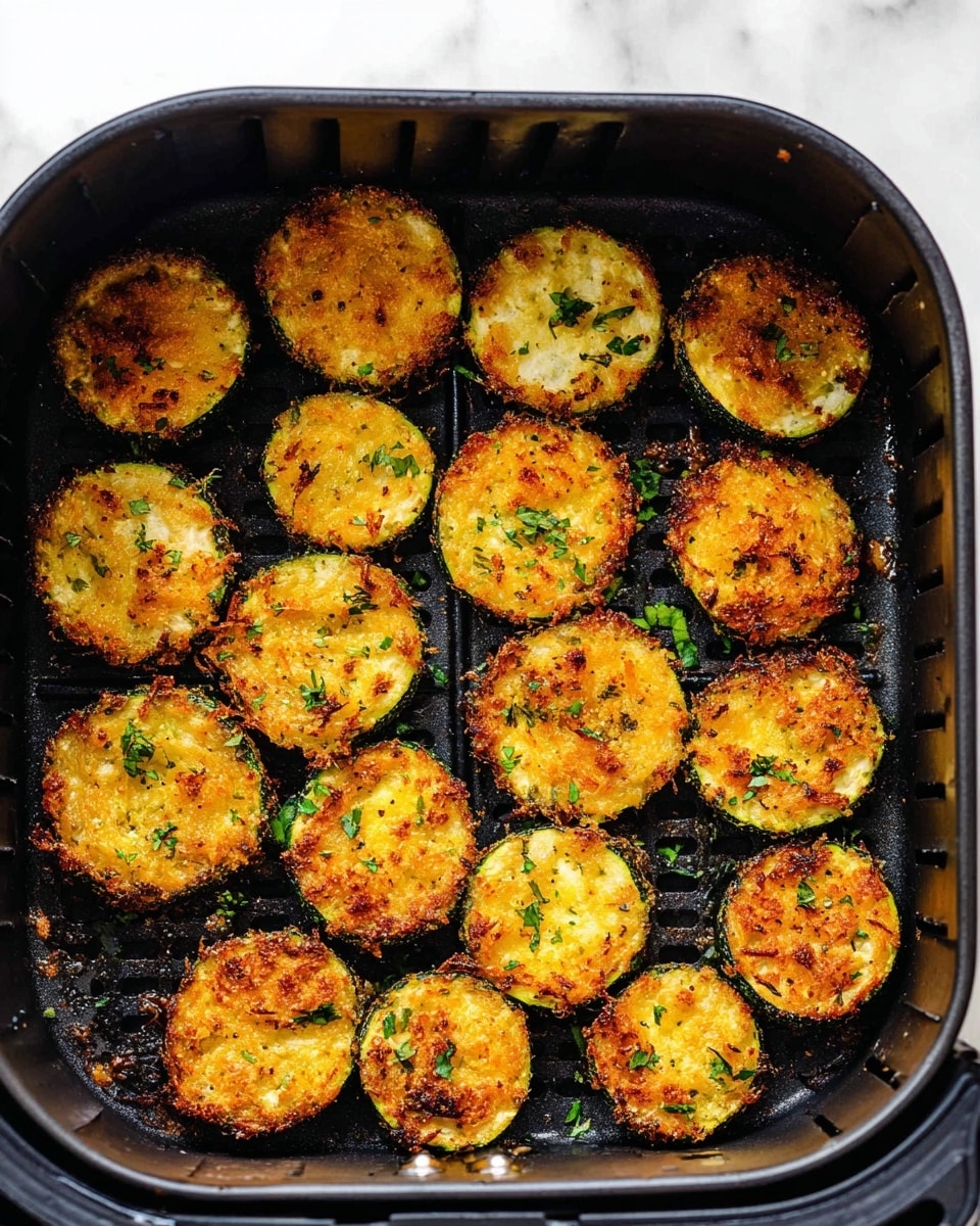 Inside a black air fryer basket with a ridged bottom, there are many round zucchini slices arranged closely. Each zucchini slice has a golden brown crispy layer on top, with small bits of green herbs sprinkled over them. The sides of the zucchini are dark green, and the crispy tops show some browned spots. The zucchini pieces look crunchy and evenly cooked, with scattered small herb leaves around. The scene is set on a white marbled surface. photo taken with an iphone --ar 4:5 --v 7