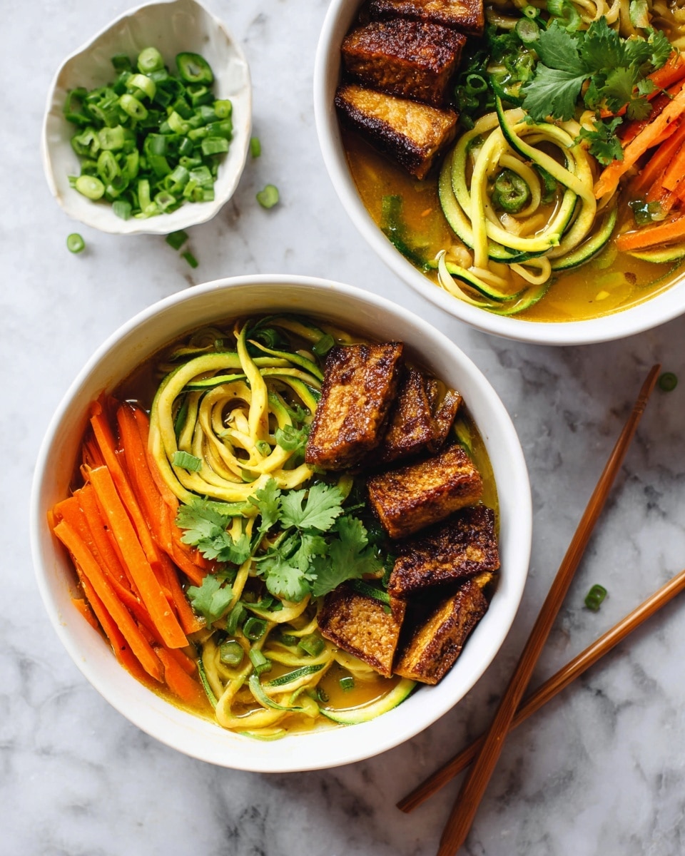 The image shows two white bowls filled with a colorful noodle dish placed on a white marbled surface. Each bowl has three main layers: at the bottom there is a light brown broth, on top of that a swirl of yellow and green spiralized zucchini noodles takes up most of the bowl's center. Arranged on one side of the noodles, there are thin, bright orange carrot sticks, and on the other side, several pieces of dark brown, crispy tofu triangles. Small green cilantro leaves and light green sliced scallions are scattered on top for garnish. Nearby, wooden chopsticks lie parallel to each other, and a small white dish with green scallions is at the top of the frame. Photo taken with an iphone --ar 4:5 --v 7