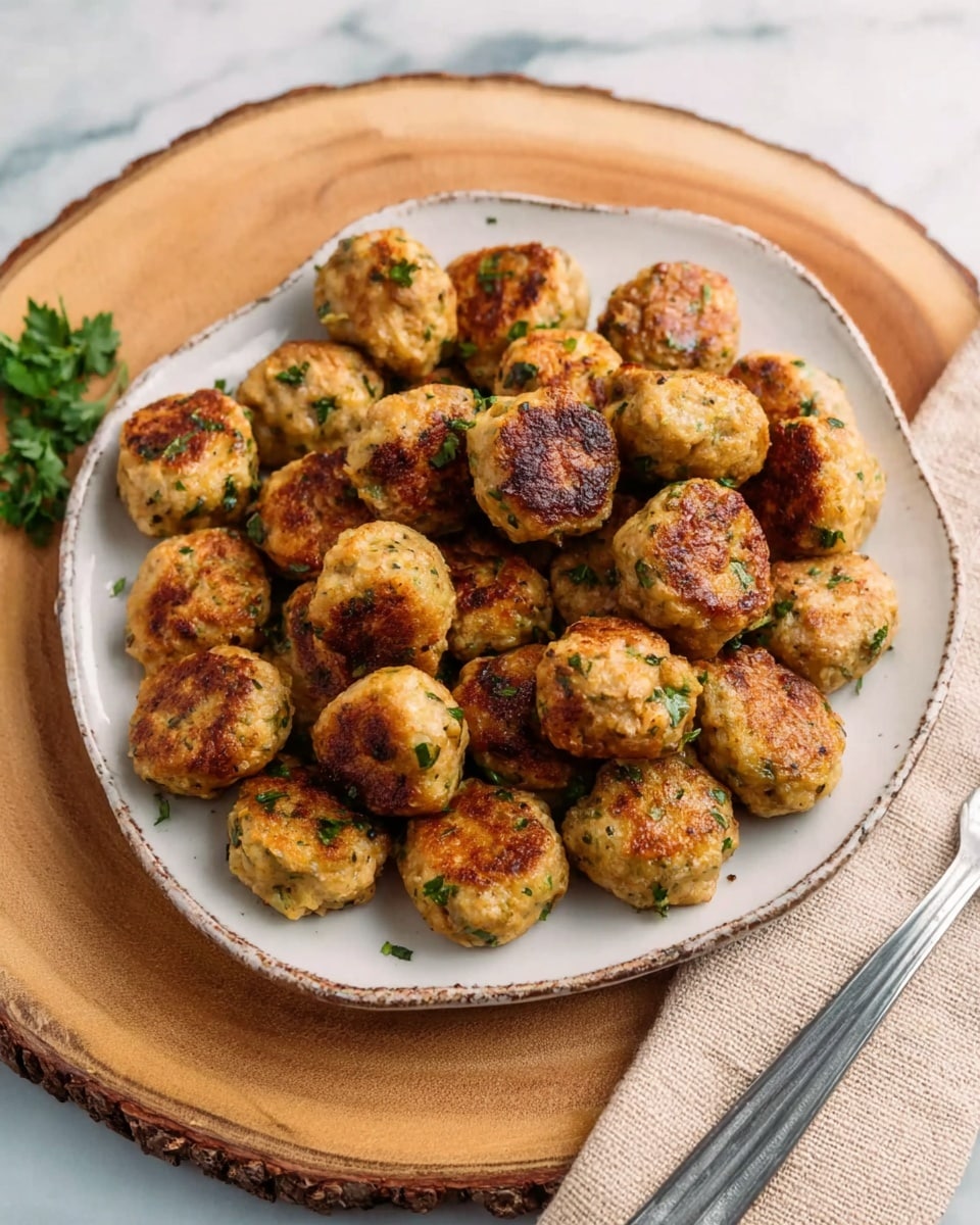 A roughly round white irregular-shaped plate filled with about twenty small golden brown meatballs with some green herbs mixed inside. The plate is placed on a round wooden board with bark around the edges, with a white marbled surface background and a beige napkin with a metal fork visible on the right side. Photo taken with an iphone --ar 4:5 --v 7