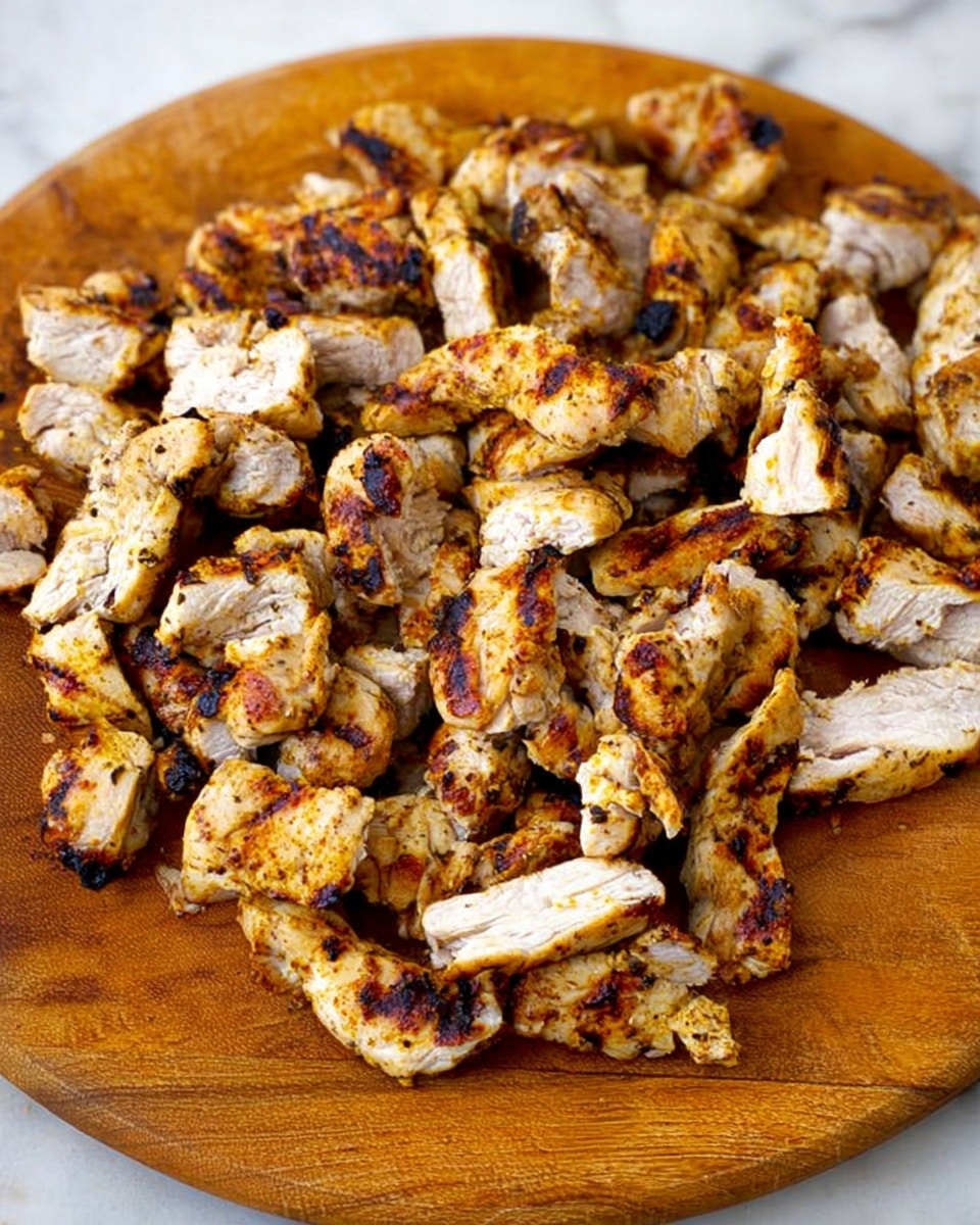 The image shows many small pieces of grilled chicken with a browned and slightly charred surface, laid out on a round wooden plate. The chicken pieces are uneven in size and shape, with a mix of white and golden brown colors, and some black char marks giving a rustic look. The plate has a light wood tone with a smooth texture and a natural grain pattern. The background is a white marbled surface. photo taken with an iphone --ar 4:5 --v 7