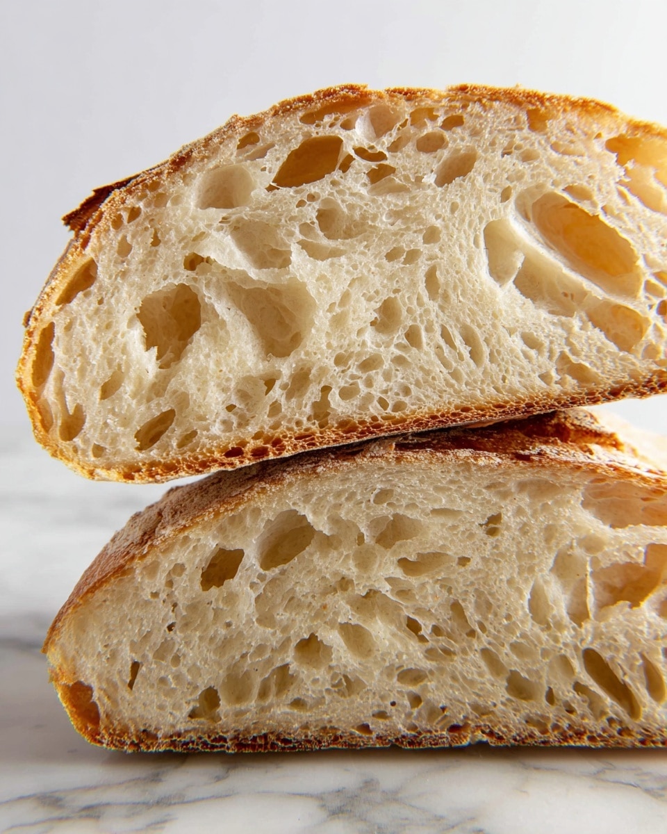 The image shows three thick slices of bread stacked on top of each other. The bread has a light golden-brown crust and a soft, airy inside with many uneven holes of different sizes. The crust is slightly crisp and textured, while the inner part looks fluffy and light. The slices are placed on a surface with a white marbled texture, giving a clean and simple look. photo taken with an iphone --ar 4:5 --v 7