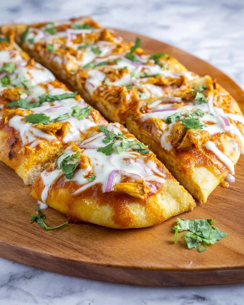 A flat round pizza with a thick golden crust sits on a wooden board, topped with a smooth layer of orange sauce mixed with chunks of chicken, covered by patches of melted white cheese that stretch slightly between the slices, and scattered with small bright green cilantro leaves. The pizza is cut into eight triangular slices, showing some red onion pieces peeking through near the edges. The background features a soft-focused white marbled surface. Photo taken with an iphone --ar 4:5 --v 7