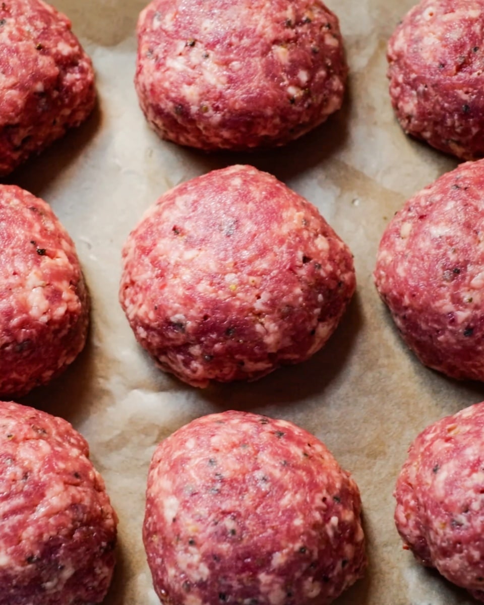 The image shows round raw meat patties placed in rows on light brown baking paper on a tray. The patties have a rough texture with small bits of white fat and some dark spices mixed in, giving them a pink and speckled look. Each patty is thick and evenly shaped, with a slightly uneven surface. The background is a white marbled texture. photo taken with an iphone --ar 4:5 --v 7