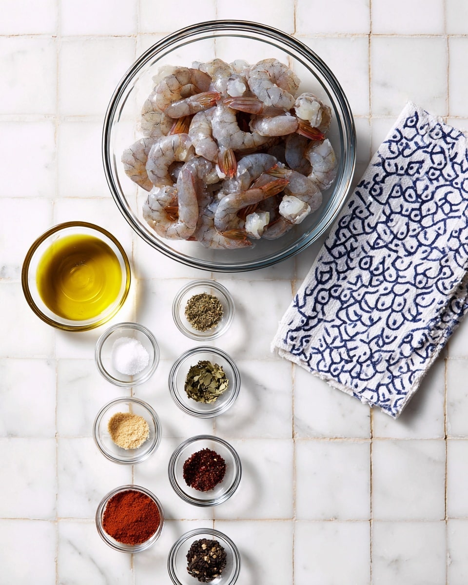 A large clear glass bowl sits at the center filled with peeled raw gray and pink shrimp. Below and to the left of this bowl, there is a small clear glass bowl of golden oil. To the right on the marble surface lies a folded white cloth with a blue circular pattern. On this cloth and extending below it in a line, there are ten small clear glass bowls filled with different spices and herbs: reddish powder, green dried leaves, dark red powder, black powder, dark green dried leaves, beige powder, white salt, and another darker red powder at the very bottom. The white marbled tile surface is visible around the items. Photo taken with an iphone --ar 4:5 --v 7