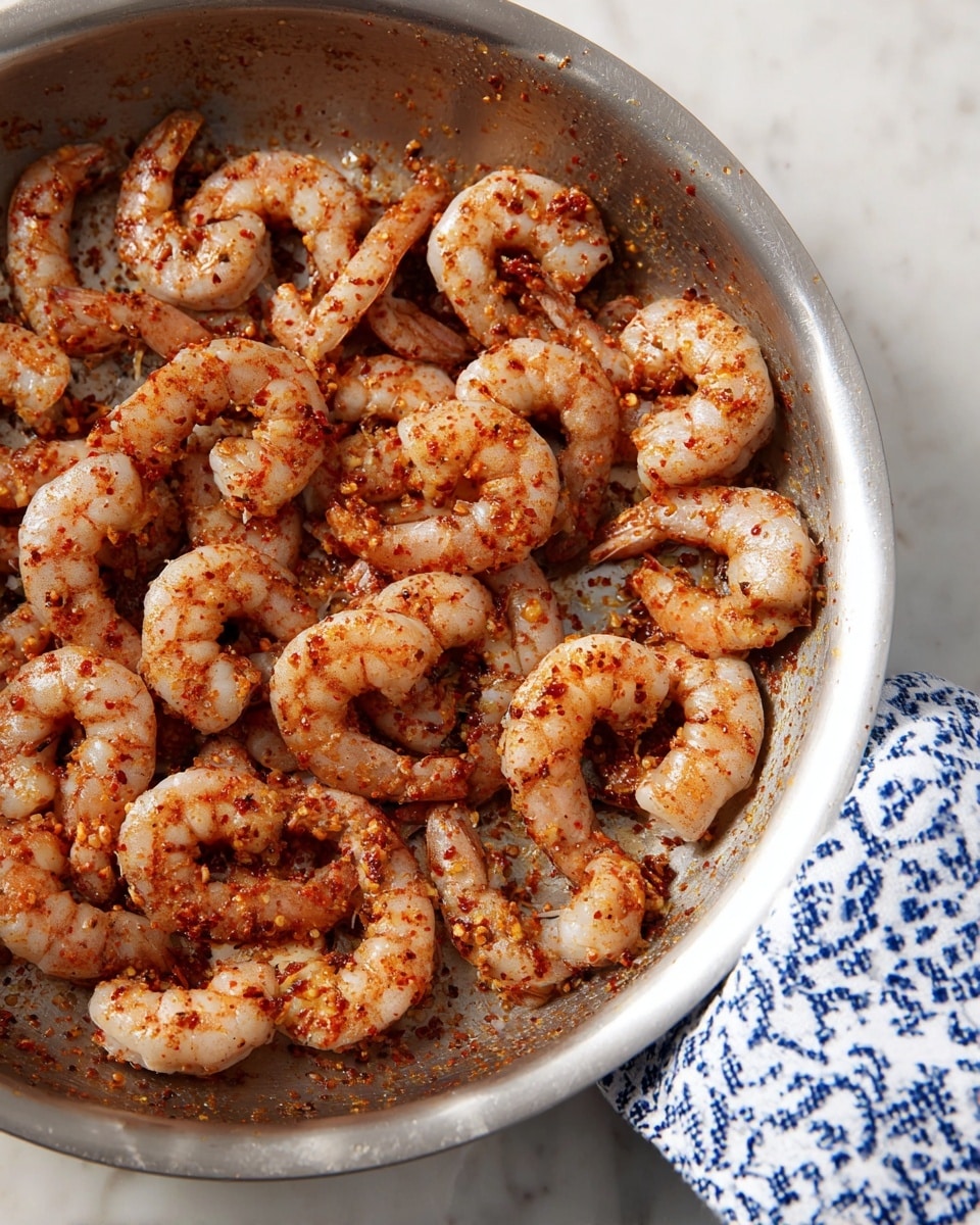 A silver pan filled with raw shrimp coated in a red spice mix, each shrimp slightly curled and showing a shiny, moist texture with specks of seasoning evenly spread over their light grayish flesh. The pan rests on a white marbled surface with a white and blue patterned cloth partially visible on the right side. The shrimp are layered covering the bottom of the pan closely together without overlapping much, creating a dense and textured arrangement photo taken with an iphone --ar 4:5 --v 7
