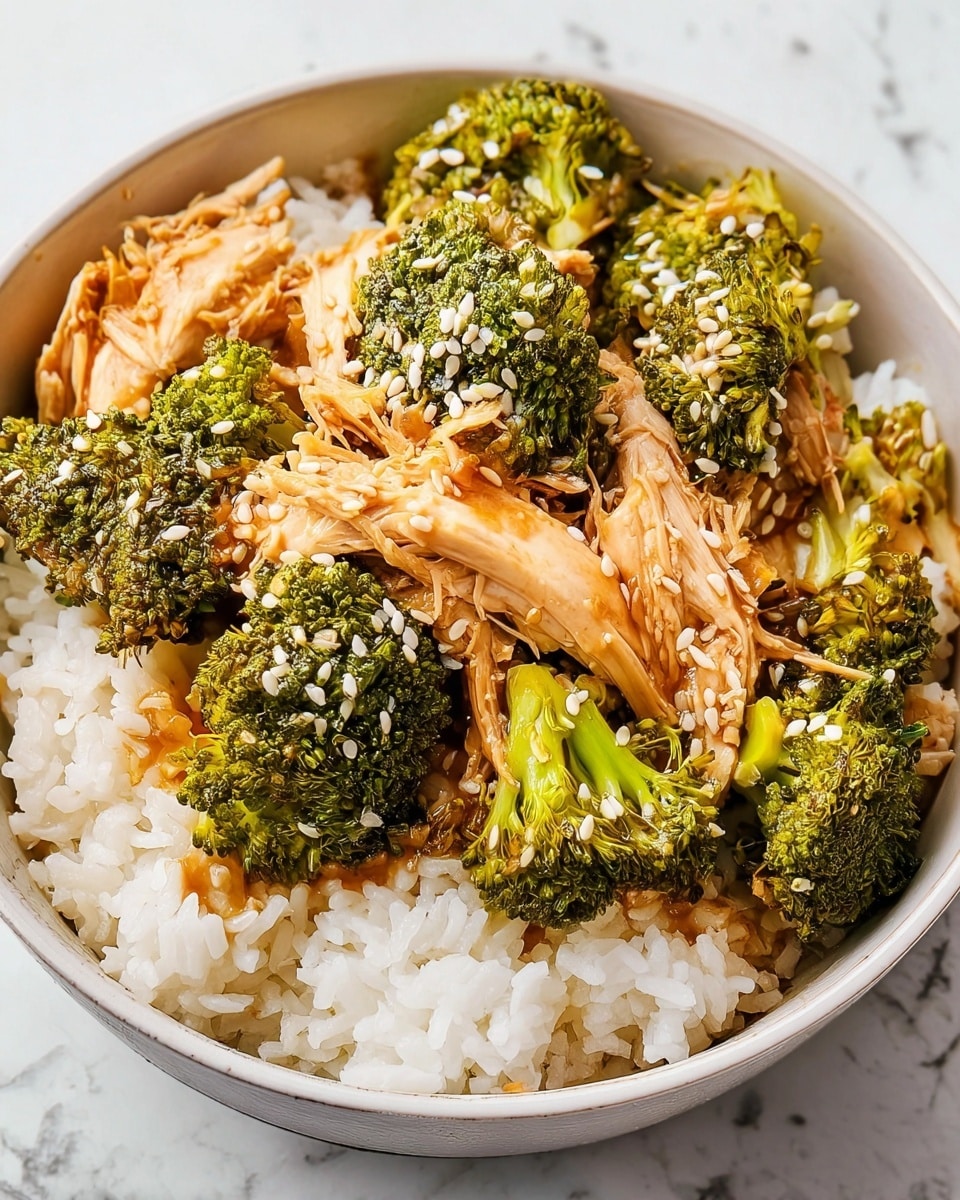A white bowl filled with a base layer of fluffy white rice, topped with bright green broccoli florets and shredded, light brown cooked chicken. The broccoli pieces have a textured surface and are sprinkled with small white sesame seeds that also cover the chicken pieces. The chicken appears moist and tender with visible fibrous strands, placed mainly in the center and mixed with broccoli. The bowl sits on a white marbled surface. Photo taken with an iphone --ar 4:5 --v 7