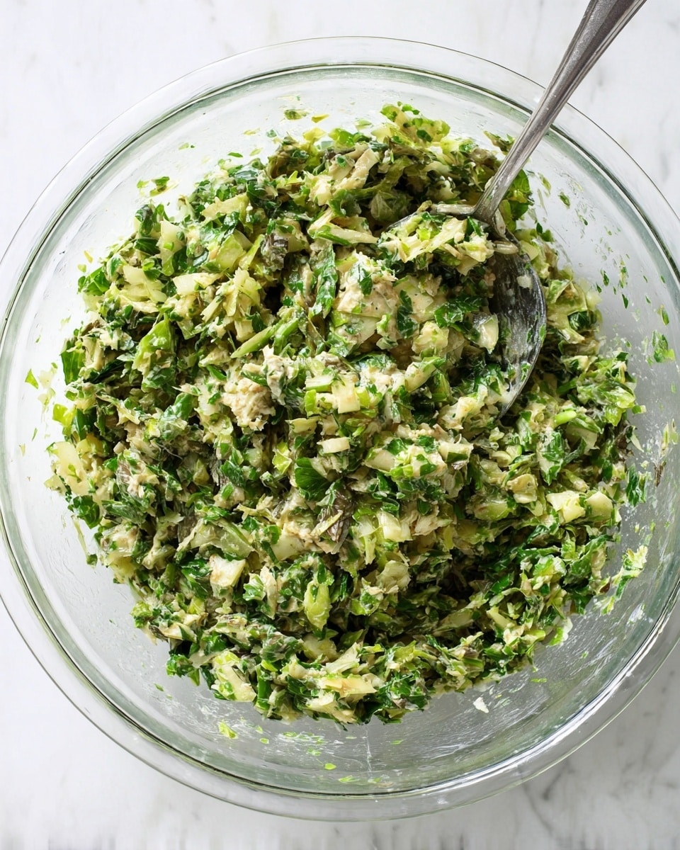 A clear glass bowl filled with a mixed green salad that has a chunky texture, containing many small pieces of light beige and green ingredients, including herbs, leafy greens, and possibly small bits of onion or other vegetables, all finely chopped and well combined. A silver spoon is inside the bowl, partially covered by the mixture. The bowl sits on a white marbled surface. photo taken with an iphone --ar 4:5 --v 7