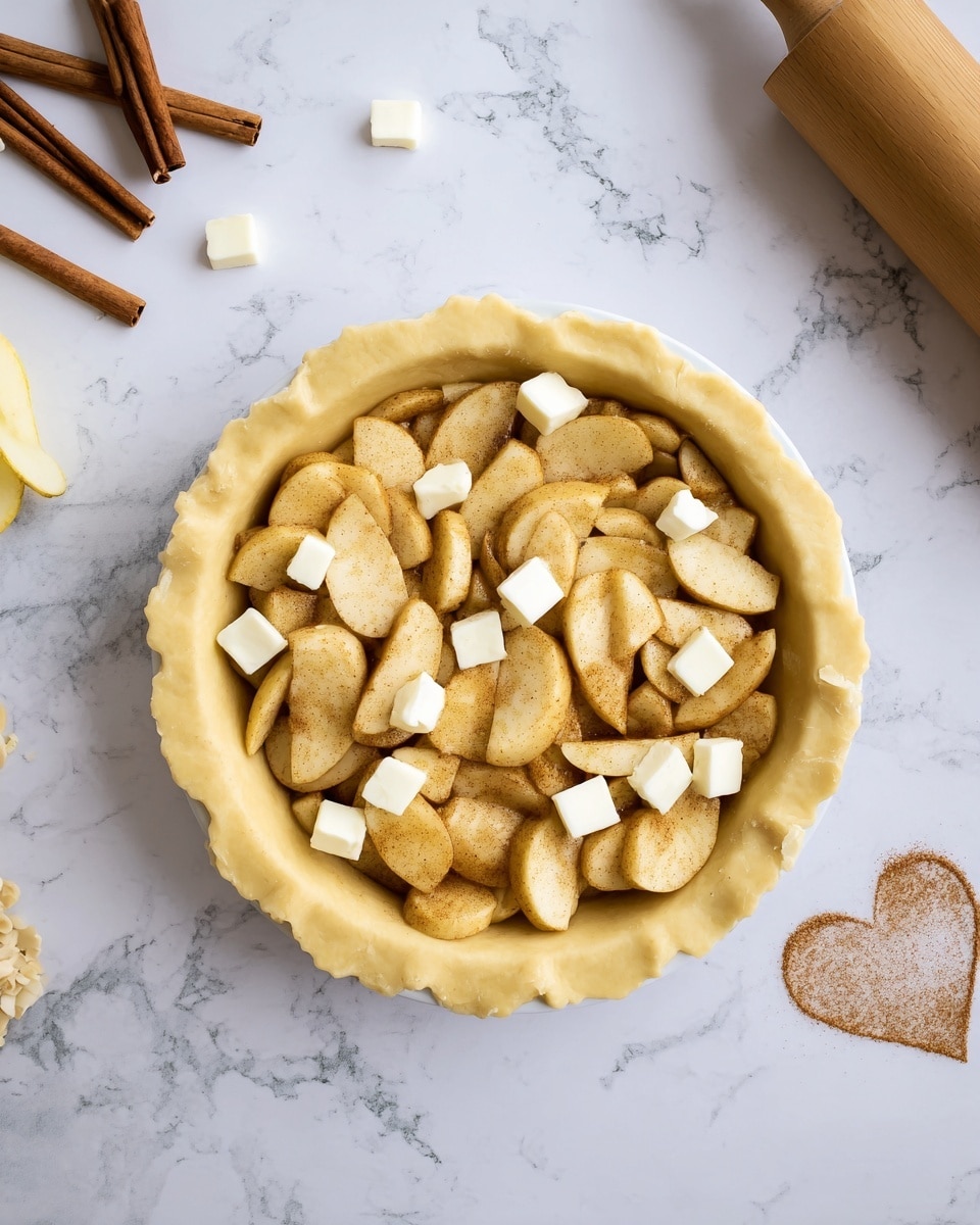 A round pie crust filled with a layer of sliced apples coated lightly in cinnamon and sugar, arranged evenly within the crust. Small cubes of butter are scattered on top of the apples, adding soft white highlights. The pie sits on a white plate placed on a white marbled surface. Around the pie, there are three cinnamon sticks on the left and a small heart shape drawn in cinnamon on the right near a wooden rolling pin handle. Photo taken with an iphone --ar 4:5 --v 7