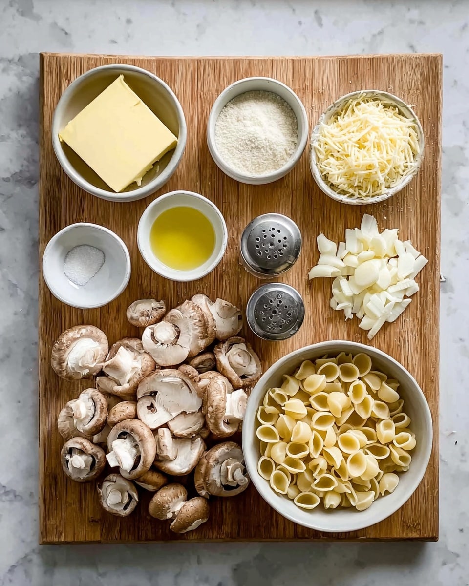 A wooden cutting board is arranged with several cooking ingredients on a white marbled surface. On the left side, there are five small white bowls: one with a pat of yellow butter, one with a white powder (flour), one with shredded pale yellow cheese, one with a light yellow oil, and two small containers with salt and black pepper. In the center, there is a pile of sliced brown and white mushrooms. To the right, a white bowl filled with small, round shell pasta sits next to a small pile of chopped white garlic. The scene is neat and organized, ready for cooking, photo taken with an iphone --ar 4:5 --v 7