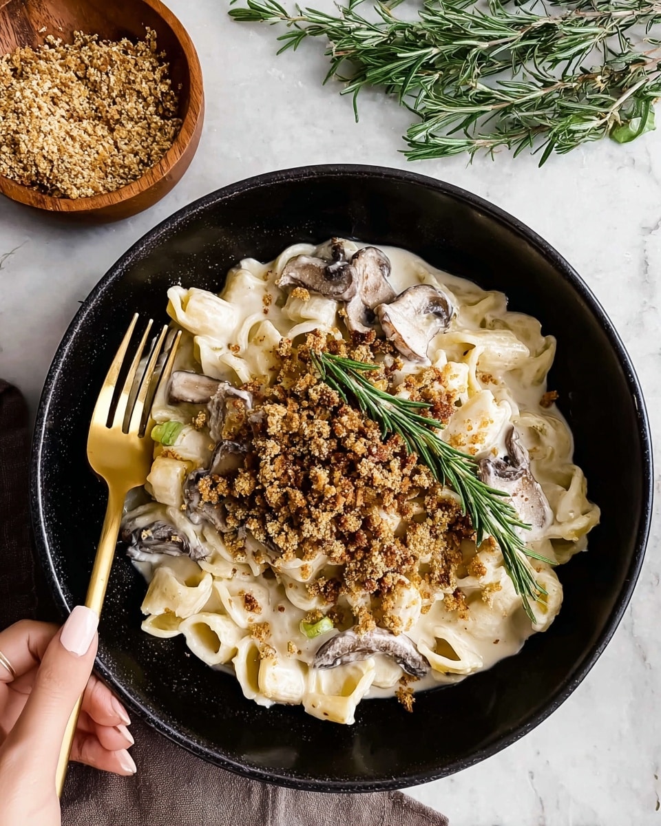 A black bowl filled with creamy white pasta in a thick sauce, with visible slices of dark-edged mushrooms mixed in. On top, there is a pile of crumbly brown topping, likely made from nuts or breadcrumbs, with a fresh green sprig of rosemary placed beside it. A woman's hand is holding a golden fork at the bottom left corner, ready to eat. In the background, there is a small wooden bowl with more of the crumbly topping and some green rosemary sprigs on a white marbled surface. Photo taken with an iphone --ar 4:5 --v 7