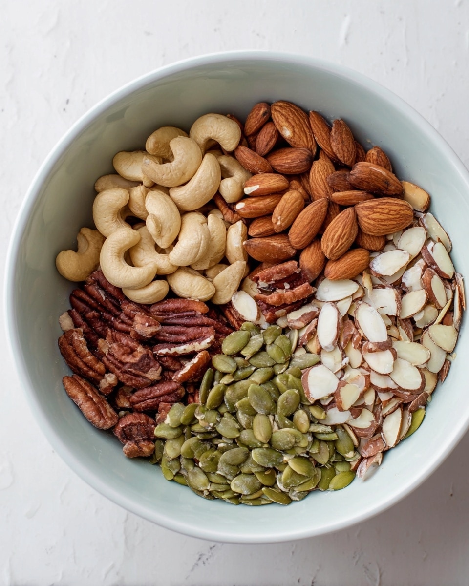 A white bowl filled with five different types of nuts and seeds arranged in separate sections. Starting at the top left, there are light brown cashew nuts with a smooth texture. Below the cashews are dark brown pecans with a grooved surface. To the right of the pecans, there are thinly sliced almonds with brown edges and white insides. Next to the almonds are green pumpkin seeds with a smooth, flat shape. The bowl sits on a white marbled surface. photo taken with an iphone --ar 4:5 --v 7