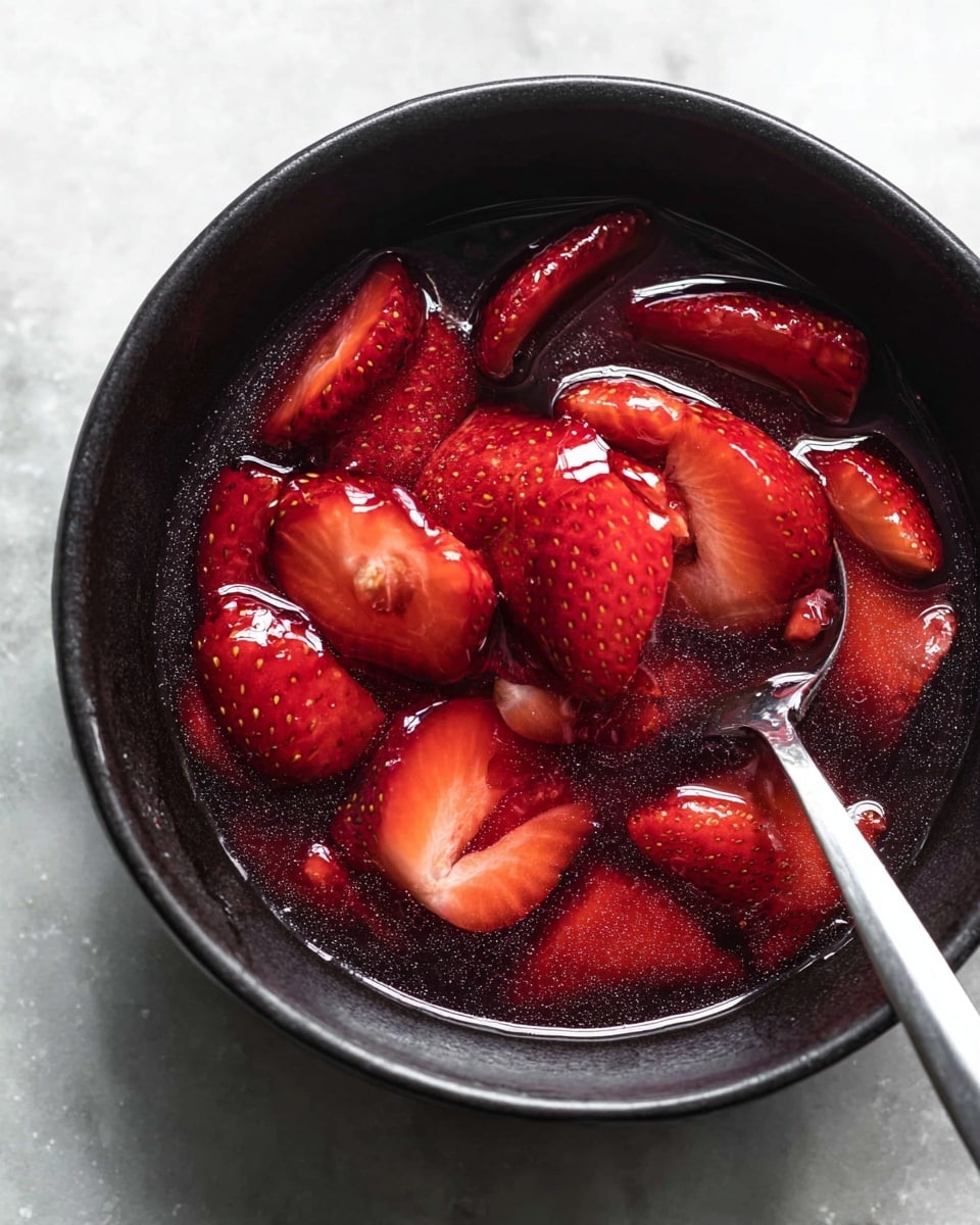 A close-up view of a black bowl filled with sliced red strawberries soaked in a dark red syrup, creating a glossy, wet texture. A shiny silver spoon rests inside the bowl, slightly lifting some of the strawberries, showing their juicy, soft insides and the bright red seeds on the outer surfaces. The bowl sits on a white marbled surface that contrasts with the deep red color of the strawberries and the dark bowl photo taken with an iphone --ar 4:5 --v 7
