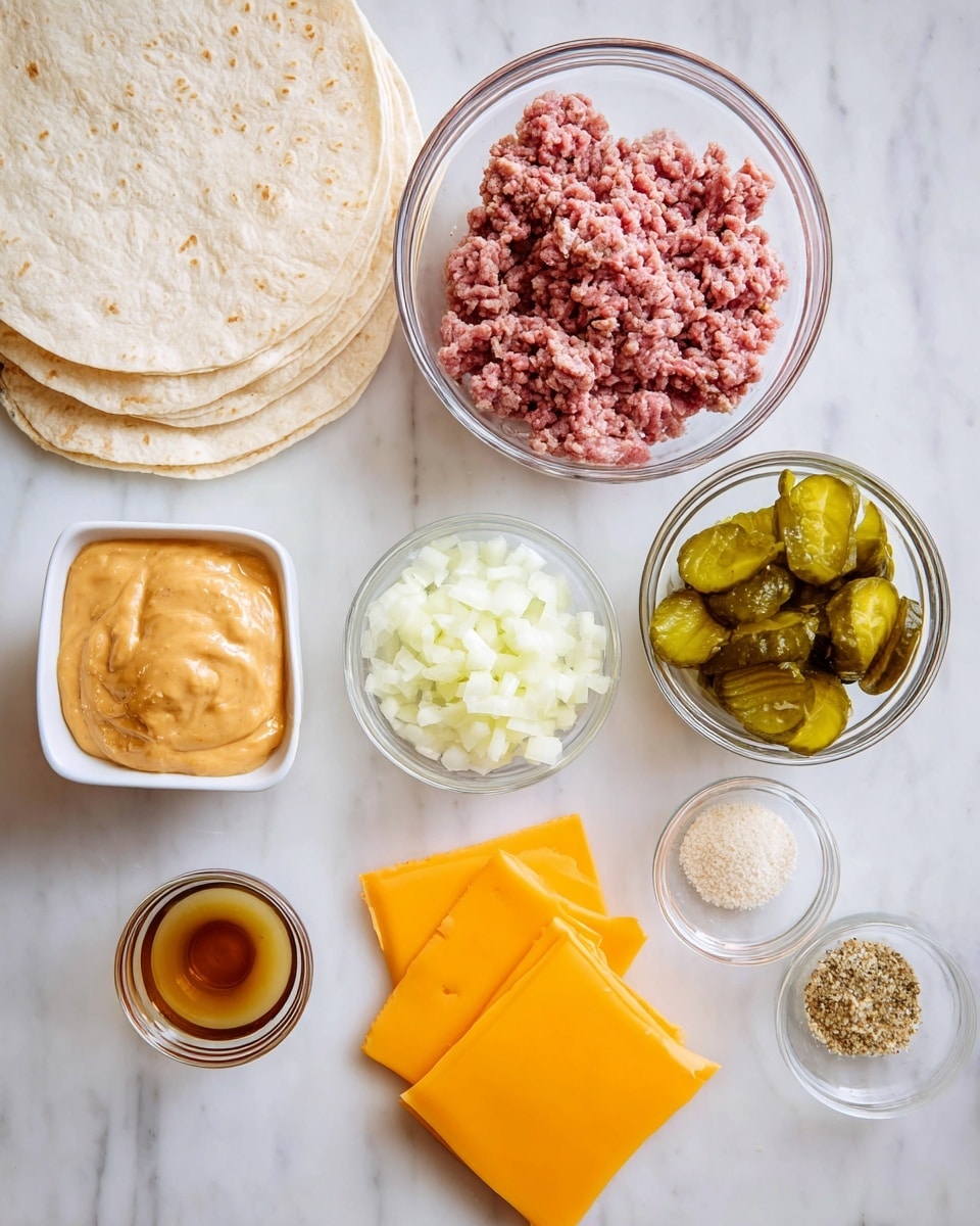 A top-down photo shows several ingredients on a white marbled surface. There are soft, light beige folded tortillas stacked on the left. In the center, a clear glass bowl holds raw ground beef with pink and brown shades. To the right, a small clear glass bowl contains green pickles sliced into round pieces. Below, a small square white bowl is filled with thick, creamy orange sauce. Near the bottom right, several bright orange cheese slices are stacked in a neat pile. Small clear glass bowls contain finely chopped white onions, a light brown small liquid, and a mix of white and light brown granular spices. The scene is clean and bright with soft natural light. photo taken with an iphone --ar 4:5 --v 7