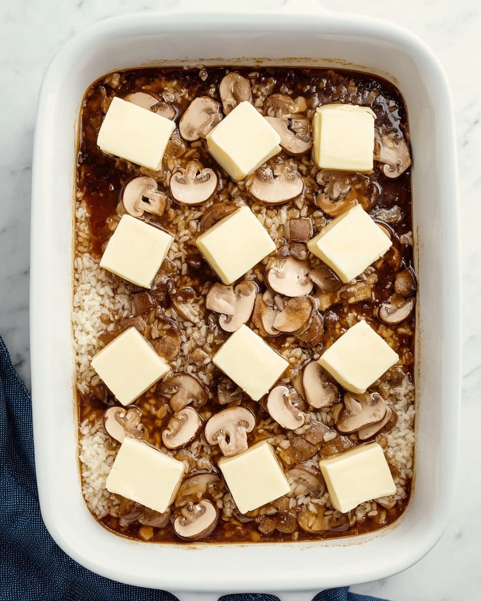 The image shows a white baking dish filled with a mixture of sliced brown mushrooms and uncooked white rice soaked in a dark brown sauce. On top of this mixture, there are ten evenly spaced square pieces of pale yellow butter. The dish rests on a white marbled surface with a corner of a blue cloth visible at the bottom right. The overall look is a layered preparation before cooking, with the mushrooms scattered across the rice and sauce, and the butter blocks placed on the top layer photo taken with an iphone --ar 4:5 --v 7