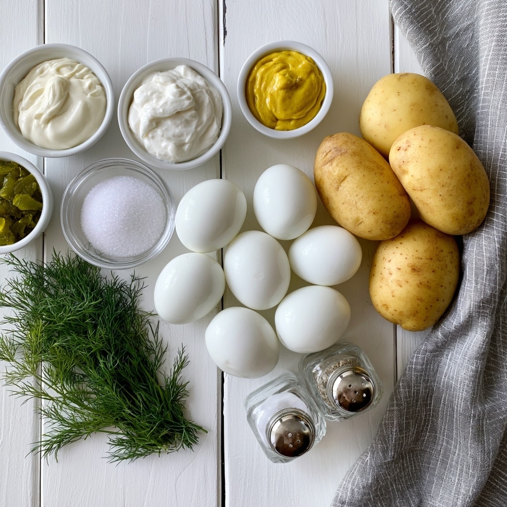 The image shows ingredients for a dish arranged neatly on a white wooden surface with a gray striped cloth on the right side. There are five yellow Yukon Gold potatoes grouped together on the right, near a cluster of eight white hard-boiled eggs spread out in the center. To the left of the eggs, sprigs of fresh green dill weed lie flat. Small white bowls hold various condiments and spices: one with creamy white mayo, another with thick white sour cream, a third with vibrant yellow mustard, a fourth with green sweet pickle relish, and a clear small bowl with granulated white sugar. Two clear glass shakers with metal lids contain salt and pepper and are placed toward the bottom right of the eggs. All ingredients are labeled with bold text for clear identification. photo taken with an iphone --ar 4:5 --v 7