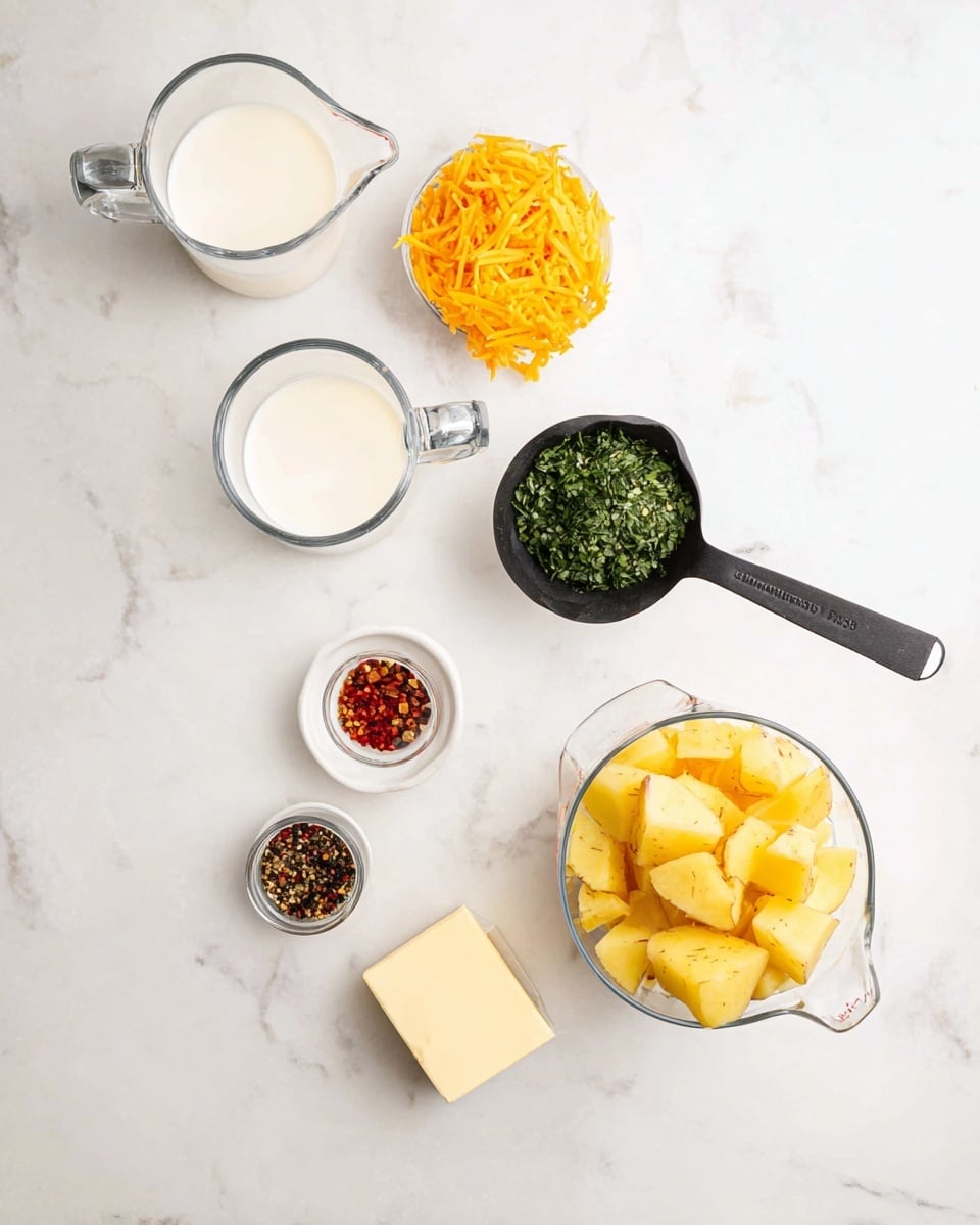 A top view shows an arrangement of ingredients on a white marbled surface. At the bottom right, there is a clear measuring cup filled with peeled and cut yellow potato pieces. To the top right, a black half cup measuring spoon holds bright orange shredded cheese. Above the cheese is a metal measuring spoon filled with green chopped herbs. Two clear measuring cups with black handles contain white liquids near the center top and middle right. Three small white bowls hold ground black pepper, red chili flakes, and a solid pale yellow piece of butter. The overall layout is clean and orderly, with ingredients spaced evenly. Photo taken with an iphone --ar 4:5 --v 7