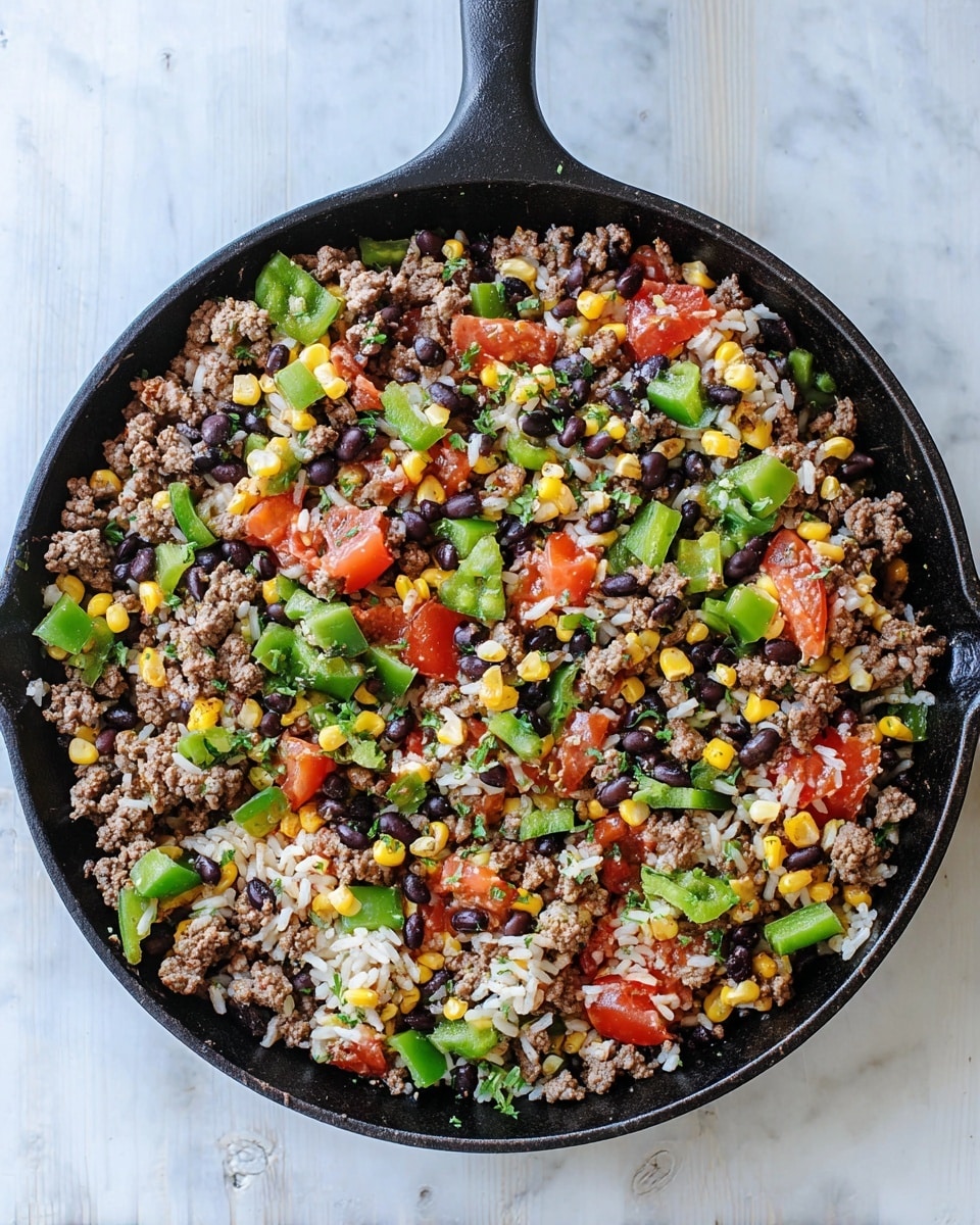 A black cast iron skillet filled with a colorful mix of cooked ground meat, green bell pepper chunks, black beans, corn kernels, white rice, and small pieces of red tomato, all evenly spread in the pan on a white marbled surface. The ingredients show a mix of textures with soft cooked meat, firm vegetables, and fluffy rice throughout, giving a vibrant and fresh look. Photo taken with an iphone --ar 4:5 --v 7