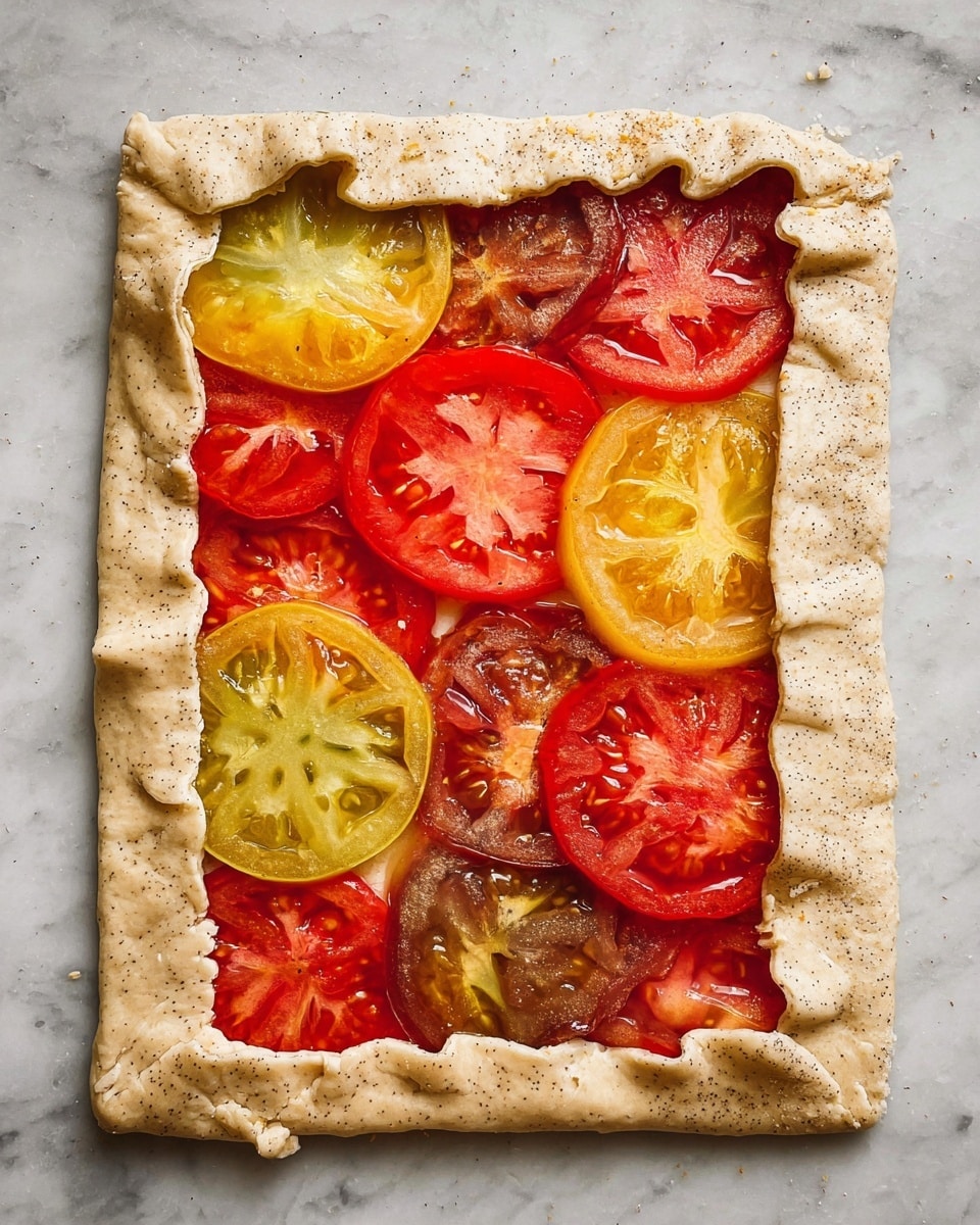 A rustic rectangular tart sits on a white marbled surface, featuring two main layers. The base layer is a thick, unevenly folded pale dough with visible specks, forming a rough border that curves inward on all sides. The top layer is filled with several slices of fresh tomatoes in red, yellow, and brown hues, arranged overlapping each other to cover the entire surface inside the dough border. The tomatoes have a glossy, juicy texture that contrasts with the matte dough edge, creating a colorful and appetizing presentation. photo taken with an iphone --ar 4:5 --v 7