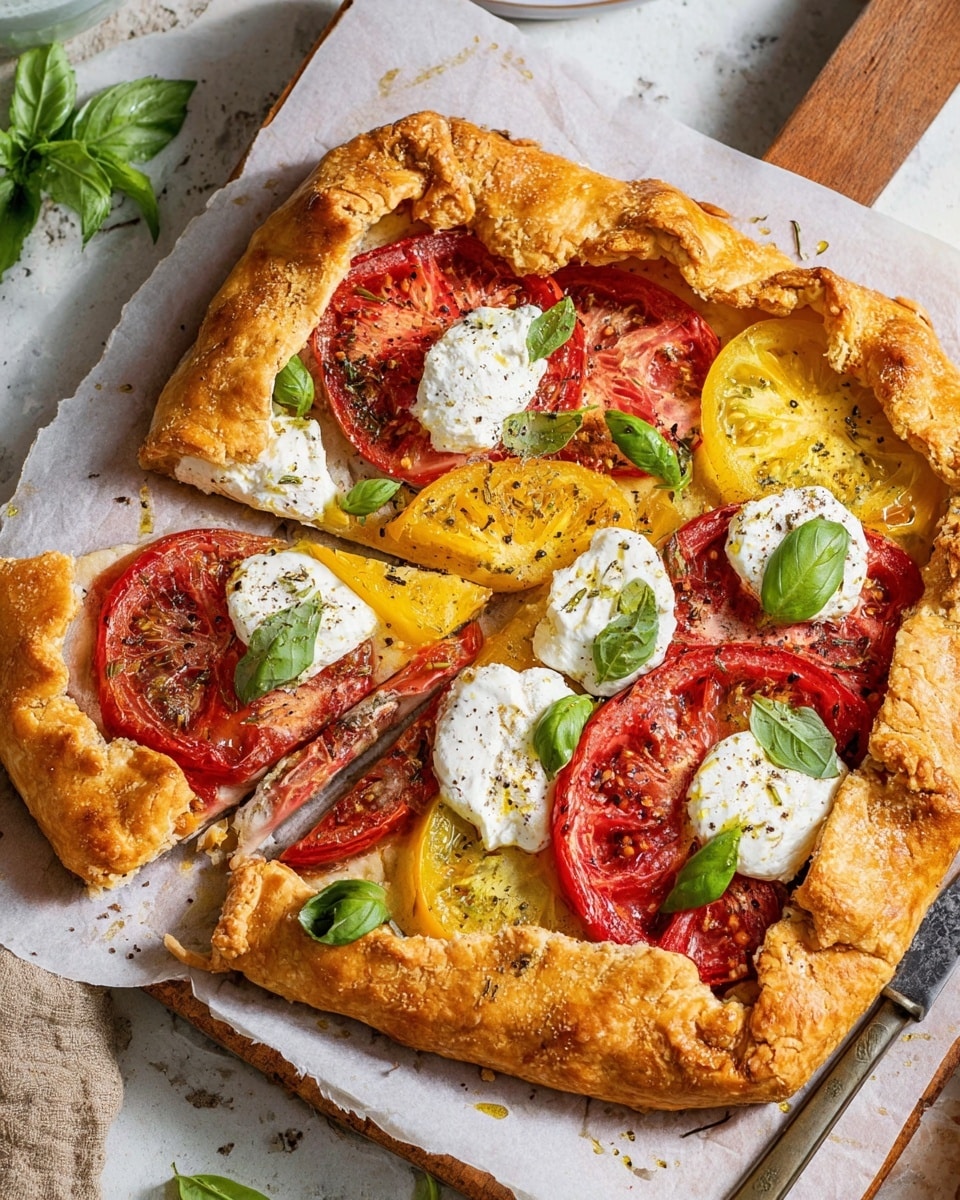 A rustic galette with a golden brown crust folded unevenly over a colorful filling. The filling has layers starting with bright red tomato slices, followed by yellow tomato slices scattered throughout. On top, there are dollops of white creamy cheese, drizzled with light olive oil and sprinkled with black pepper. Fresh green basil leaves are placed evenly over the cheese and tomatoes. The galette is partly sliced with one slice slightly pulled away, showing the thick crust and layered tomatoes. The scene is set on a white marbled surface with some extra basil leaves around and a vintage knife with a wooden handle above the galette. photo taken with an iphone --ar 4:5 --v 7