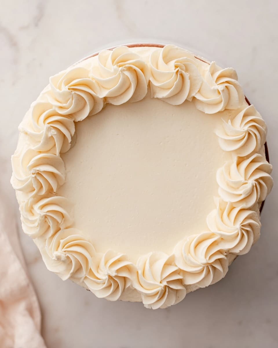 A top view of a smooth, pale cream-colored cake with no visible layers. The cake is decorated with large, round swirls of creamy frosting in the same pale cream color placed evenly around the edge, creating a border. The cake sits on a white marbled surface with soft lighting that highlights the texture of the frosting swirls. Photo taken with an iphone --ar 4:5 --v 7