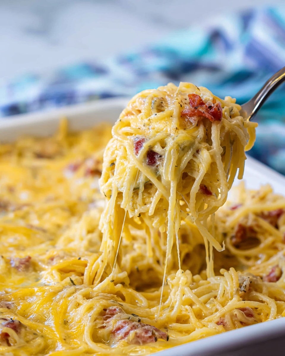 A close-up of a creamy baked spaghetti dish in a white rectangular baking dish on a white marbled surface, showing tangled smooth yellow spaghetti noodles mixed with small red tomato pieces and chunks of light golden chicken, all covered in a thick, bubbly layer of melted golden-brown cheese with scattered black pepper specks on top, a spoon inside scooping some pasta from the bottom right corner, part of a woman's hand holding the spoon visible. photo taken with an iphone --ar 4:5 --v 7