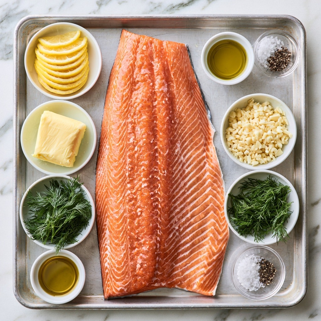 The image shows a large steelhead trout fillet with a rich orange color and visible white striations placed on a baking tray. Around the fillet, there are small white bowls containing several ingredients: thin yellow lemon slices layered neatly in one bowl, a pale yellow chunk of butter in another, finely chopped off-white garlic in a third, and bright green fresh dill in a fourth. Additionally, there is a small white bowl filled with golden olive oil and two clear small bowls holding coarse salt and black pepper, all arranged on the tray. The tray is set on a white marbled surface. photo taken with an iphone --ar 4:5 --v 7