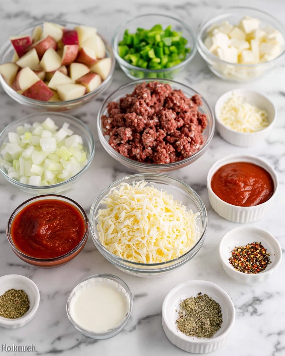 The image shows clear glass bowls and small white dishes arranged on a white marbled surface, each holding different ingredients. There are diced red-skinned potatoes with a creamy off-white color mixed with red skin pieces, next to finely chopped onions in white pieces, and bright green chopped green pepper. Ground beef with a dark reddish-brown texture takes a larger round bowl, while shredded pale yellow cheese fills another bowl. A smooth, dark red tomato sauce fills a bowl, and deep reddish-orange tomato paste is in a small glass bowl. Cream in a light off-white color is in another glass bowl. Small white dishes hold finely minced pale yellow garlic, light brown seasoning salt, mixed green and yellow Italian seasoning, black and white ground pepper, yellow mustard powder, and red pepper flakes with red and orange specks. All items are neatly arranged and viewed from above, giving a clear view of textures and colors on a white marbled background. Photo taken with an iphone --ar 4:5 --v 7