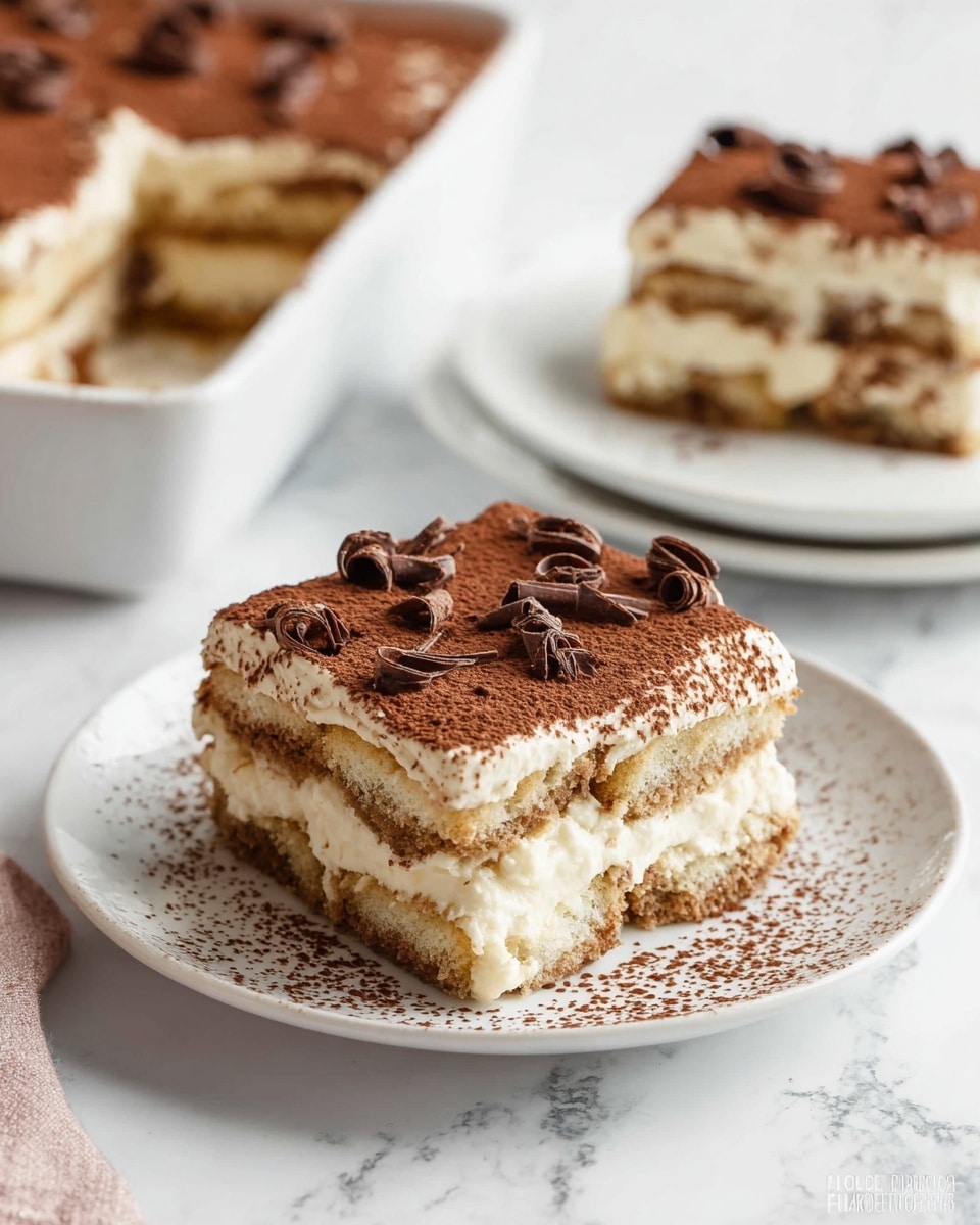 A square piece of tiramisu sits on a white plate over a white marbled surface. The dessert has four visible layers: the bottom and second layers show light brown soaked sponge cake, the third and top layers are creamy white mascarpone filling dusted generously with dark cocoa powder. Dark chocolate shavings are scattered on top and around the plate. In the background, part of a glass tray with more tiramisu is slightly blurred. Photo taken with an iphone --ar 4:5 --v 7
