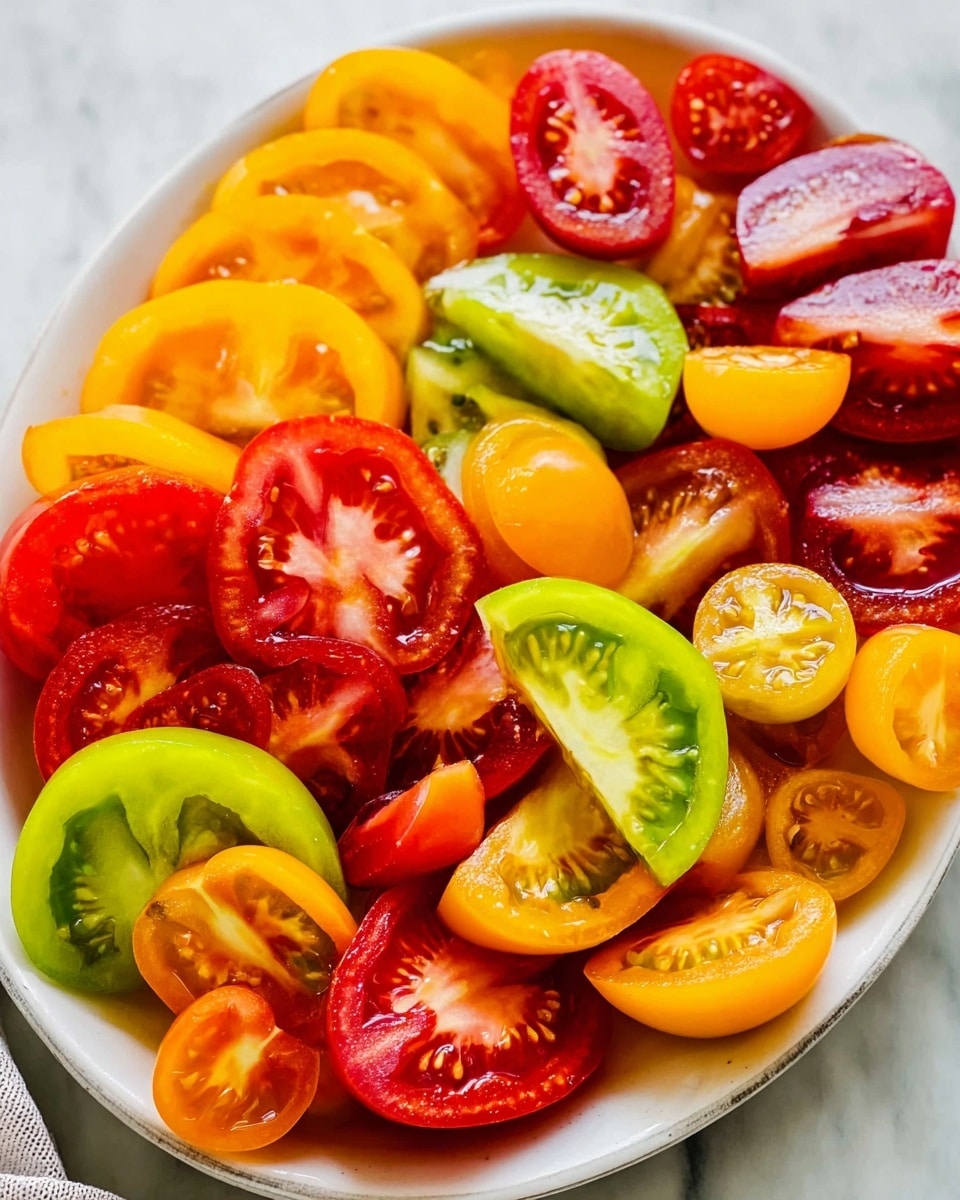A white plate filled with many pieces of tomatoes in different colors and sizes, showing about three layers of tomato pieces. The bottom layer has red and green tomato slices showing bright, smooth, and slightly glossy textures. The middle layer includes yellow and orange tomato wedges with a shiny, smooth surface. The top layer has red, yellow, and green small round tomato slices mixed with some wedges, all fresh and juicy looking. The plate is placed on a white marbled surface. Photo taken with an iphone --ar 4:5 --v 7