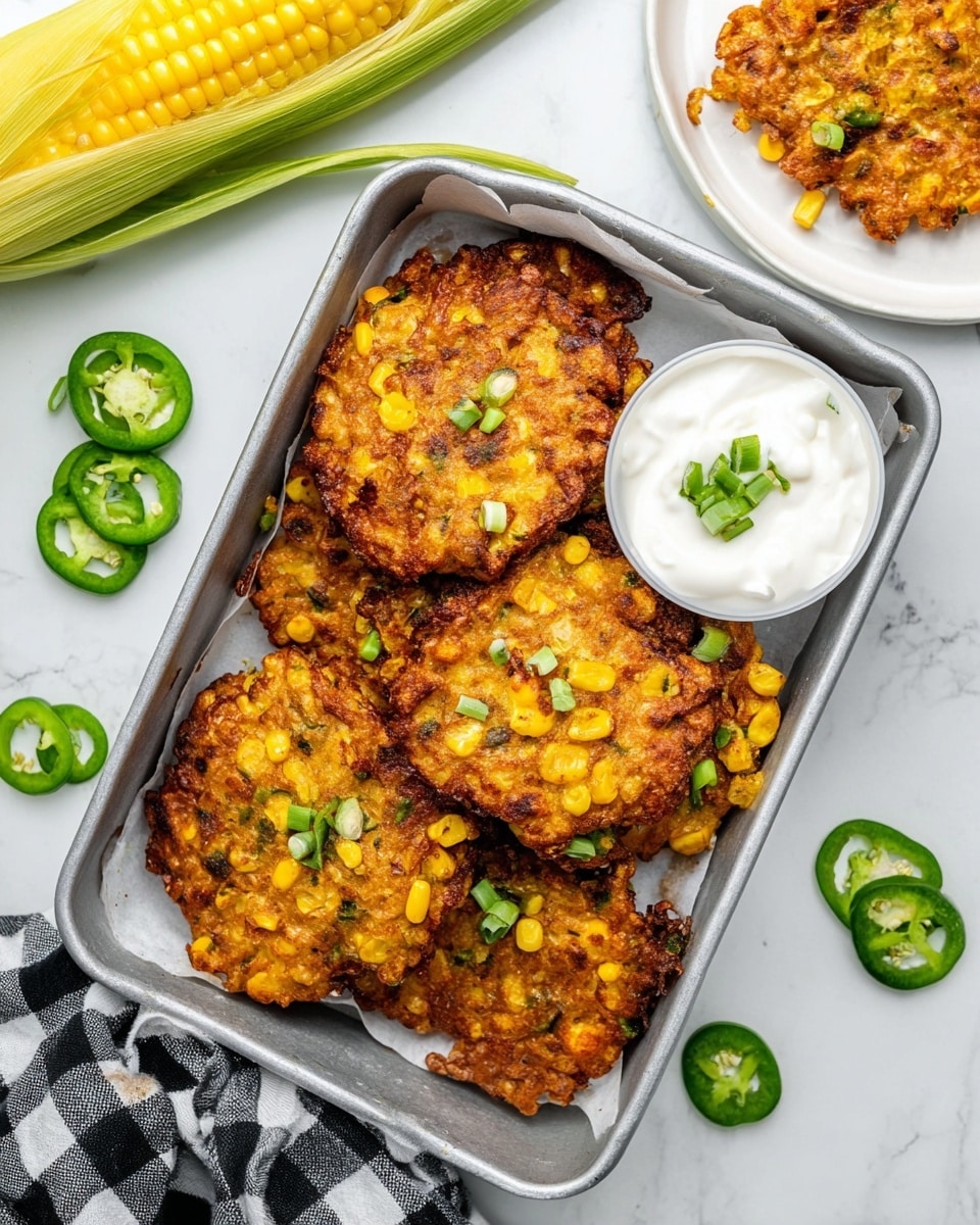 A metal tray filled with roughly six golden brown corn fritters, each with uneven edges and visible corn pieces, topped with bits of green onion. On the top right inside the tray is a small white bowl filled with smooth white sour cream, garnished with a small piece of green onion. Around the fritters and tray are sliced jalapeño peppers and chopped green onions scattered on a white marbled surface. To the right, there is a white plate partially shown with a large corn fritter on it, and on the bottom left side of the photo, there is an ear of yellow corn partially husked. A black and white checkered cloth is placed on the lower right corner. Photo taken with an iphone --ar 4:5 --v 7