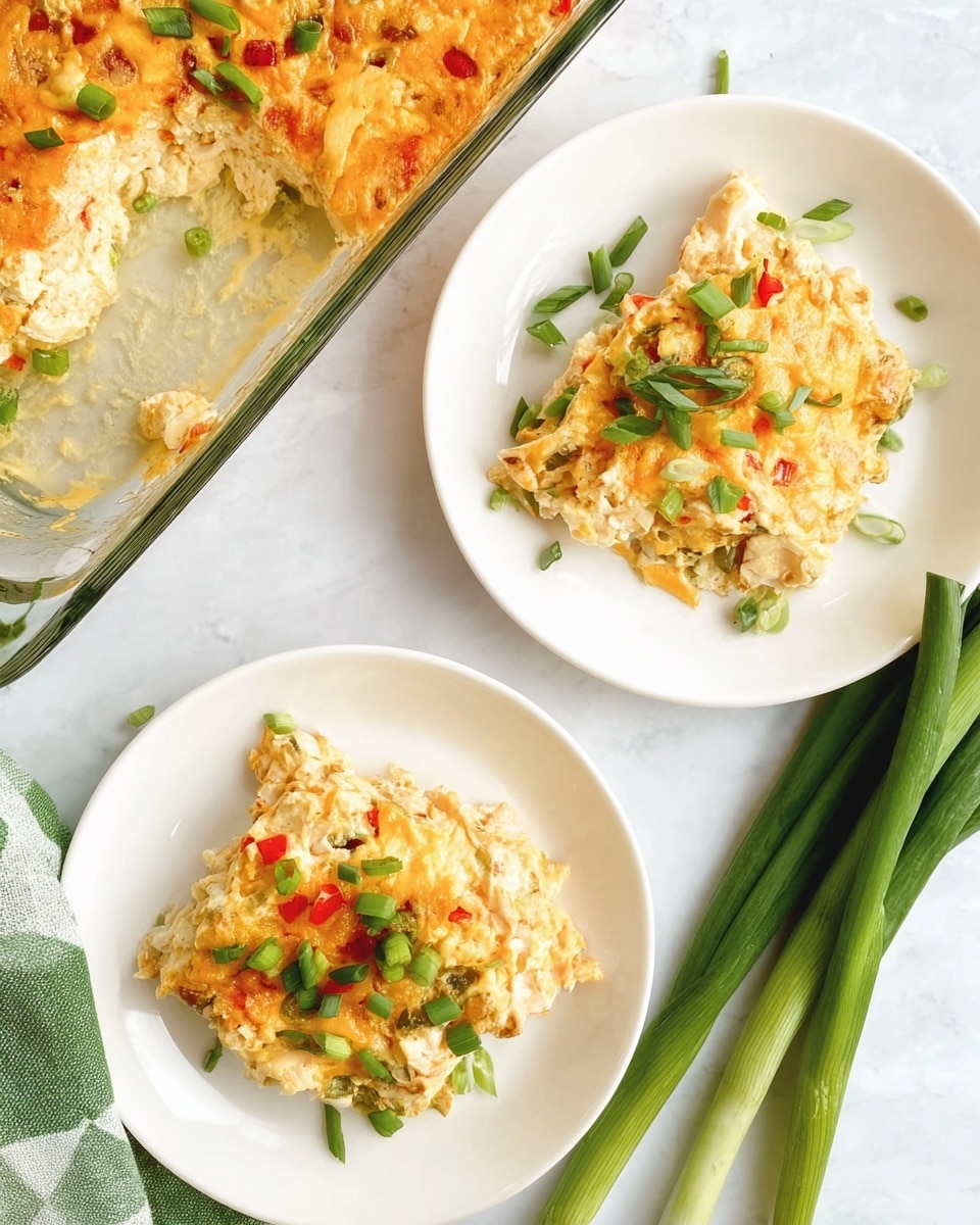 Two white plates on a white marbled surface hold a creamy baked dish with a textured, slightly browned top layer featuring a mix of light yellow, orange, and small red and green pieces scattered throughout. The dish is garnished with chopped green onions, adding bright green accents on top. A clear glass baking dish in the upper left corner contains more of the same dish with a golden crust, showing a layered, soft, and creamy texture underneath. Whole green onions lie next to the plates, and a green and white cloth is partially visible in the top right corner. Photo taken with an iphone --ar 4:5 --v 7