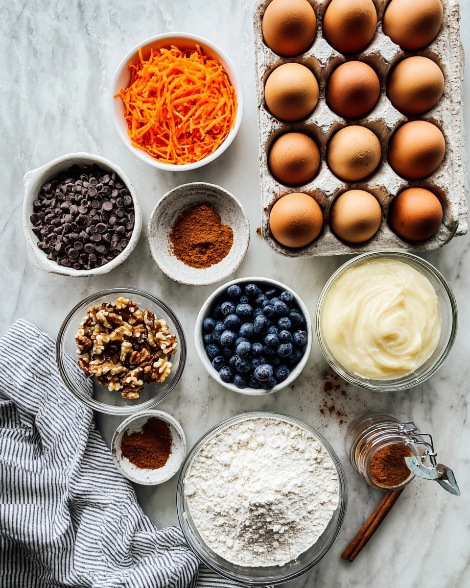 A top-down view shows a variety of baking ingredients arranged on a white marbled surface. There is a small white bowl filled with bright orange shredded carrots, next to a white bowl with dark brown chocolate chips. Another white bowl contains medium brown chopped nuts, while a fourth white bowl is filled with plump, dark blueberries. A glass bowl holds pale, smooth applesauce. On the right side is an open carton of ten brown eggs in two rows. Below the bowls is a white bowl filled with white flour, with a small well in the center. A container of cinnamon lies on its side near the carrots. Part of a striped kitchen towel peeks in from the lower left corner. Photo taken with an iphone --ar 4:5 --v 7