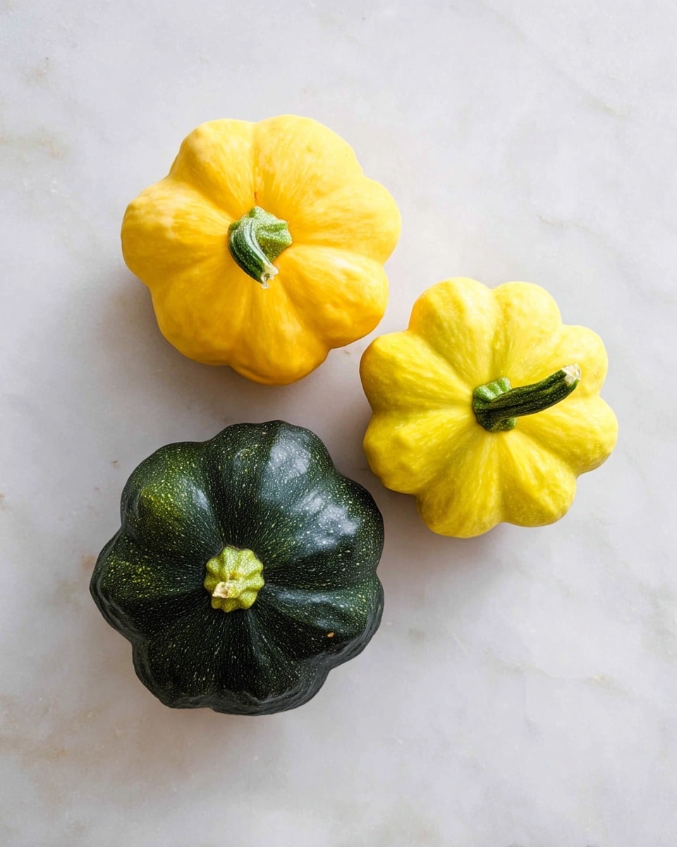 Three small squash sit on a white marbled surface. Two of the squash are bright yellow with a smooth but slightly bumpy texture and a green stem in the center. The third squash is dark green with a rough green surface and a small light brown circle in the center where the stem was. The shapes of the squash are round and slightly scalloped around the edges. photo taken with an iphone --ar 4:5 --v 7