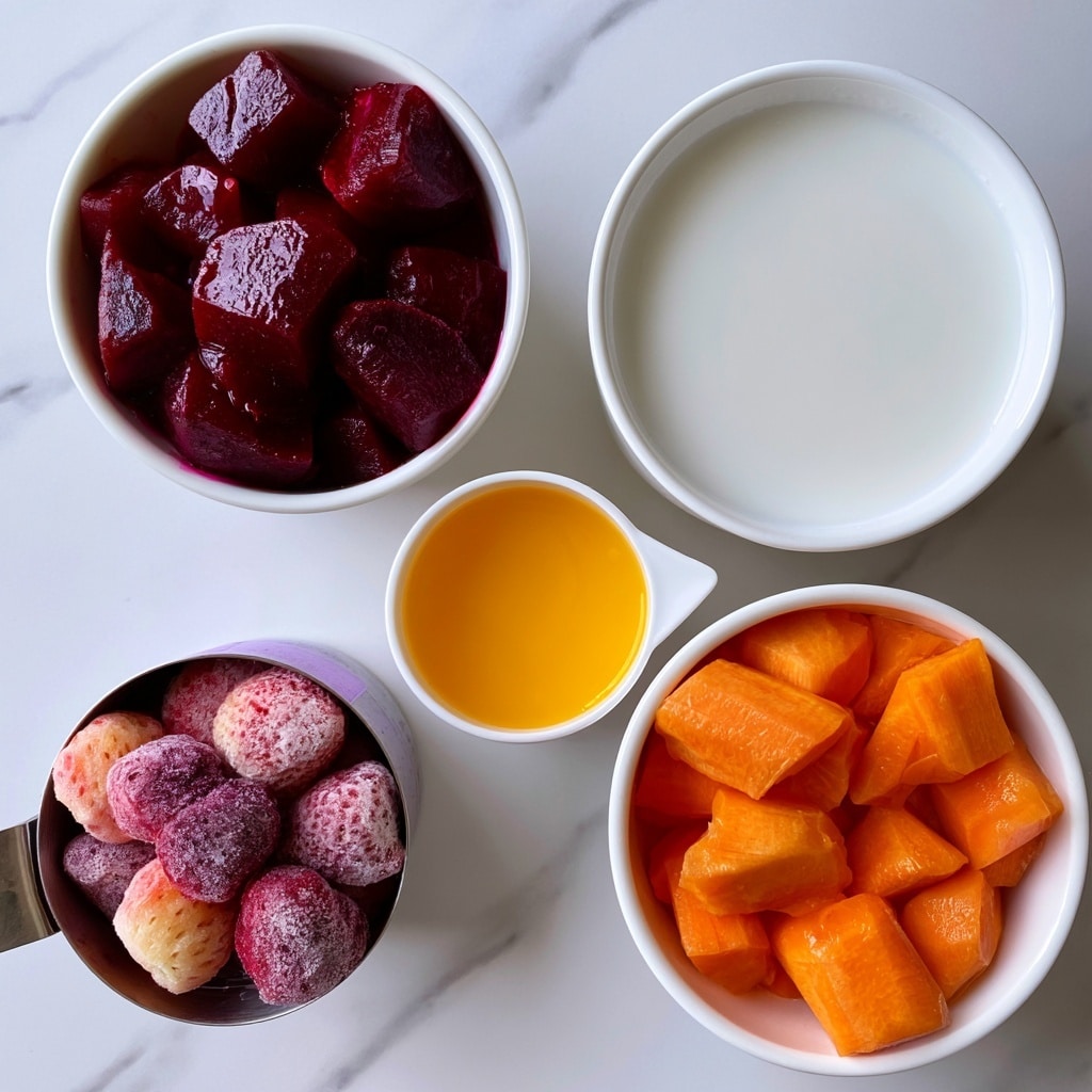 Four white containers sit on a white marbled surface, each holding a different ingredient. The top left bowl holds deep red beet chunks with a slightly rough texture. To the right, a small white bowl is filled with smooth, white coconut milk. Below the beets, a metal measuring cup contains whole frozen strawberries, showing a frosty texture with red and pale pink colors. To the right of the strawberries, a white bowl holds bright orange carrot pieces with a fresh, slightly uneven texture. Between the coconut milk and carrots, a white measuring scoop contains golden yellow-orange liquid orange juice. photo taken with an iphone --ar 4:5 --v 7