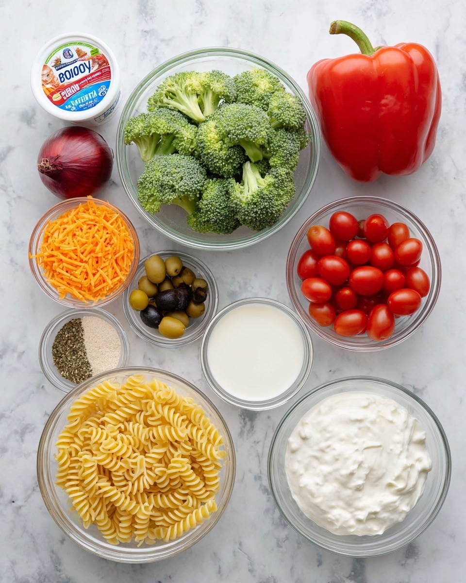 The image shows a top view of various fresh ingredients arranged neatly on a white marbled surface. There is a whole red bell pepper on the top left, next to a medium glass bowl filled with green broccoli florets. To the right is a white container of plain Greek yogurt with printed label and a glass bowl of small red cherry tomatoes. Below the dairy is another small dish with a little milk or cream. A red onion sits near the center right. On the bottom right, a larger glass bowl holds yellow spiral pasta. Smaller dishes around the main bowls contain shredded orange carrots, sliced black olives, shredded cheddar cheese, and a mix of dried spices in a small round dish. A bigger dish with thick white yogurt or sour cream is in the bottom center. All elements are brightly colored with clear textures showing freshness and variety. Photo taken with an iphone --ar 4:5 --v 7