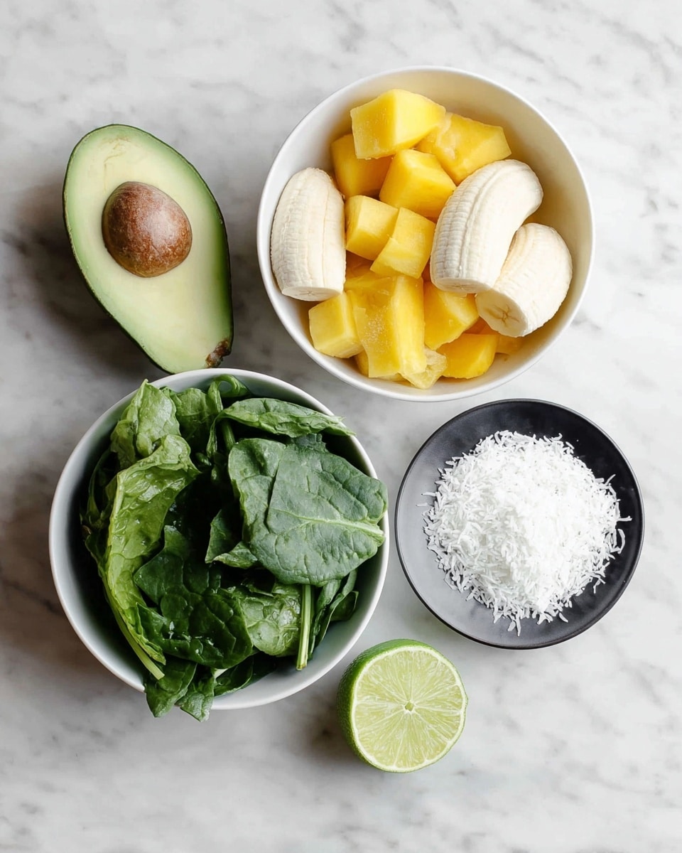 The image shows four main ingredients arranged on a white marbled surface. On the left side, there is a half avocado with its green creamy flesh and dark outer skin visible. Above it is a white bowl filled with frozen yellow fruit pieces including mango and banana, the bananas are whole with a frosty texture. Below the avocado bowl, there is a white bowl filled with dark green leafy collard greens that are cut into strips. To the right, there is a halved lime showing its light green juicy interior. In the bottom right corner, a small black dish holds white coconut flakes with a rough texture. Photo taken with an iphone --ar 4:5 --v 7