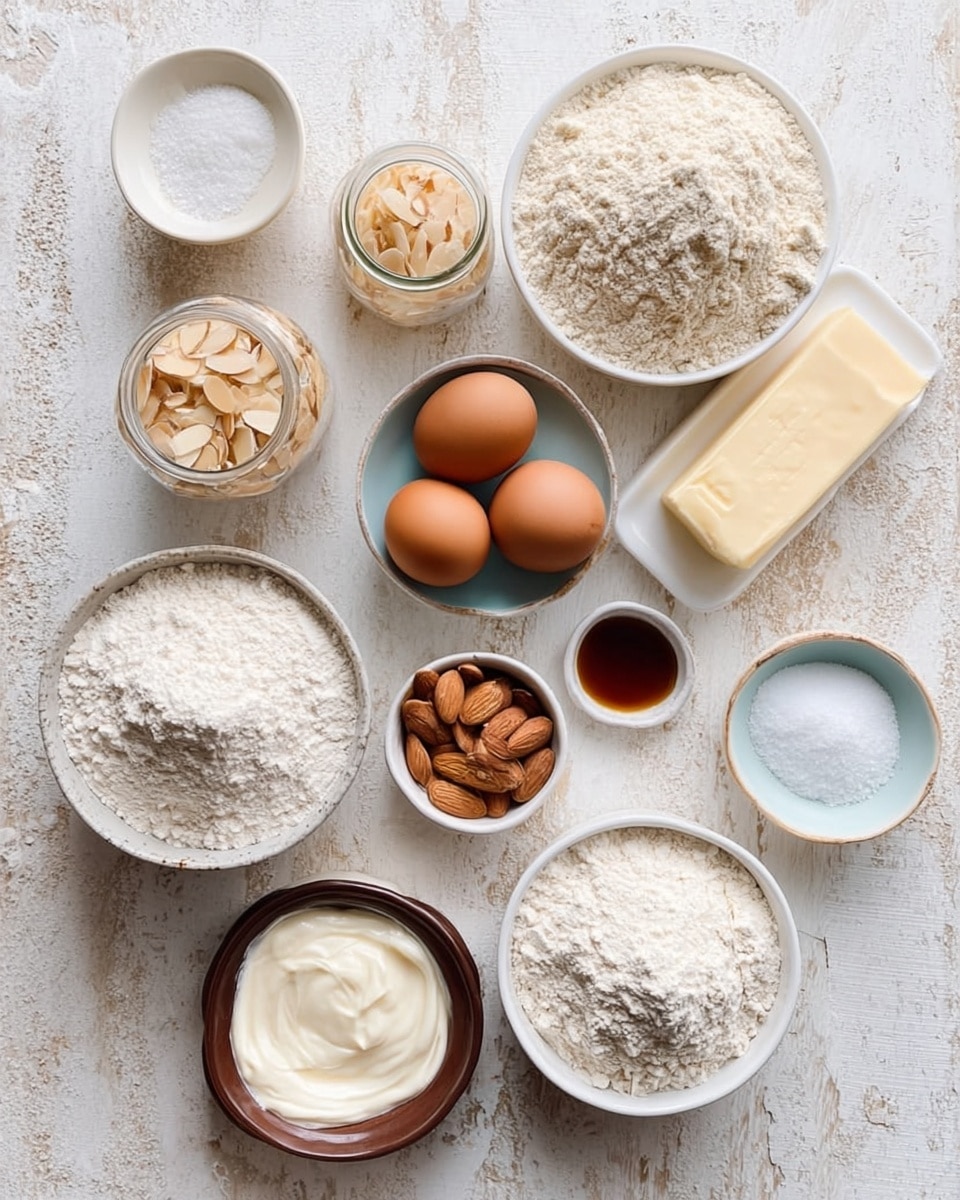 The image shows a top-down view of many baking ingredients arranged neatly on a white marbled surface. There are five white bowls and three small brown bowls filled with white flour, almond flour, sugar, powdered sugar, baking powder, cream, and salt. Two brown eggs are placed on a small beige plate beside one of the brown bowls with salt. A block of unsalted butter with its paper wrapper is at the top right. A small glass jar contains sliced almonds, and two small bowls contain vanilla extract, one light brown and one darker. The ingredients are spaced evenly and visually balanced, creating a clean, organized cooking setup. photo taken with an iphone --ar 4:5 --v 7