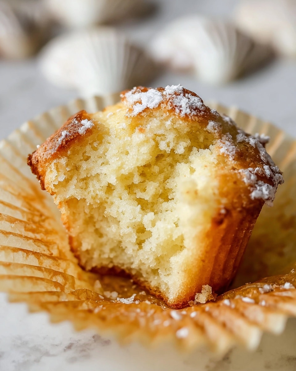 The image shows a close-up of a single muffin broken in half, revealing a soft and moist yellow crumb inside. The muffin has a golden brown top with a slightly crisp and textured surface sprinkled with powdered sugar. It sits in a light brown paper liner that is gently opened around it. The background features a white marbled texture with blurred shapes of baking cups. The lighting highlights the freshness and texture of the muffin. photo taken with an iphone --ar 4:5 --v 7