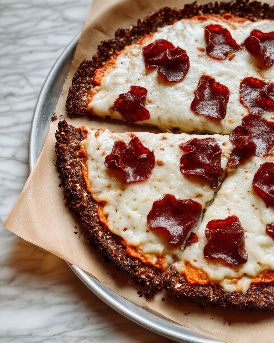 A close-up of a pizza with three visible layers: the bottom crust is dark brown with a rough texture and looks homemade, the middle layer is an orange tomato sauce just peeking out along the edges, topped with a thick, smooth, and melted white cheese layer covering most of the pizza, and scattered on top are dark red pepperoni pieces with slightly curled edges. The pizza sits on brown parchment paper on a white round metal tray, all placed on a white marbled surface. photo taken with an iphone --ar 4:5 --v 7