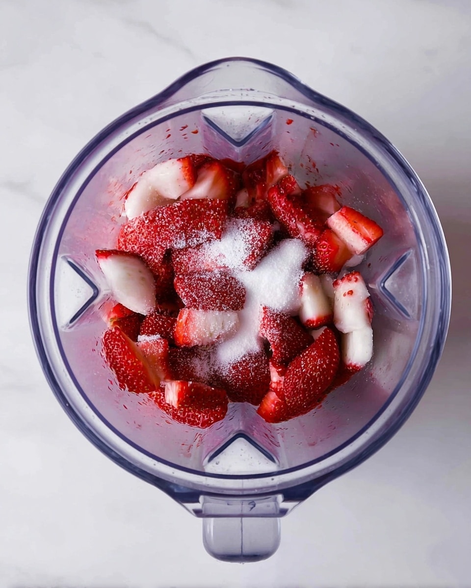 A clear blender container is filled with one layer of red and white strawberry pieces with a rough texture, topped unevenly with a layer of white granulated sugar, set against a white marbled texture background. photo taken with an iphone --ar 4:5 --v 7