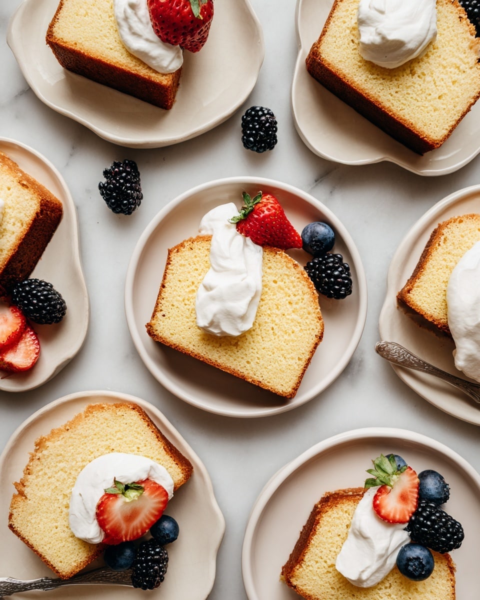 Several slices of yellow pound cake are placed on white plates with different shapes, arranged on a white marbled surface. Each slice has a dollop of white whipped cream on top or slightly to the side. On the cream, there are fresh berries including a dark blueberry, a red strawberry slice, and a black blackberry, arranged close together. One blackberry sits beside the cake on some plates. The cakes have a light brown crust and soft, moist texture inside. The setup gives a neat and fresh look, evenly spaced and viewed from above. photo taken with an iphone --ar 4:5 --v 7