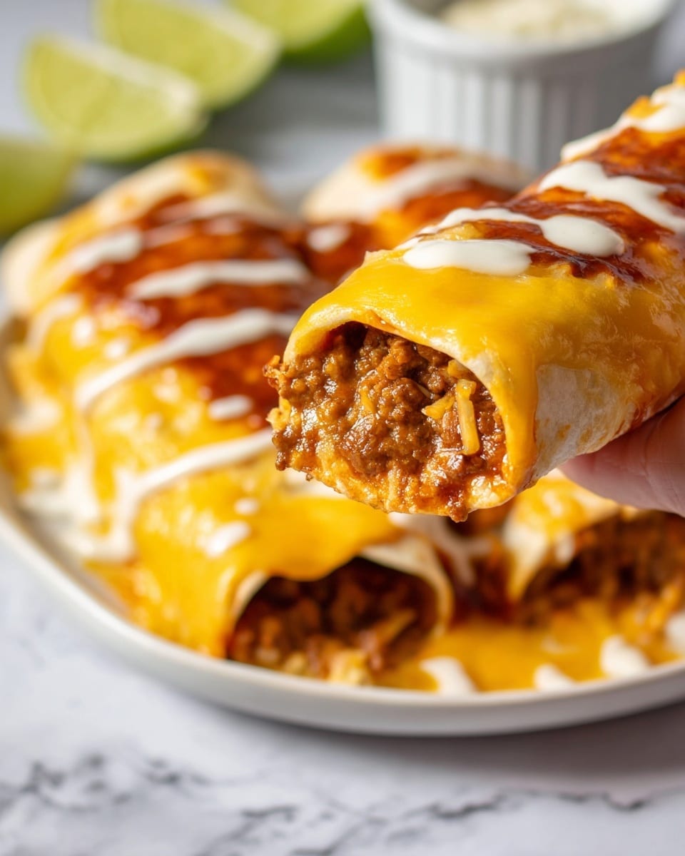 A close-up view of enchiladas shows one piece held by a woman's hand, revealing layers: a soft tortilla folded around a filling of cooked, ground meat with shredded cheese mixed in; over the top, there is a thick, smooth layer of melted yellow cheese, and above that a rich red sauce spread unevenly. The rest of the enchiladas lie on a white plate, covered in melted yellow cheese with drizzles of white sauce, all placed on a white marbled surface with blurry lime wedges and a white ramekin in the background. Photo taken with an iphone --ar 4:5 --v 7