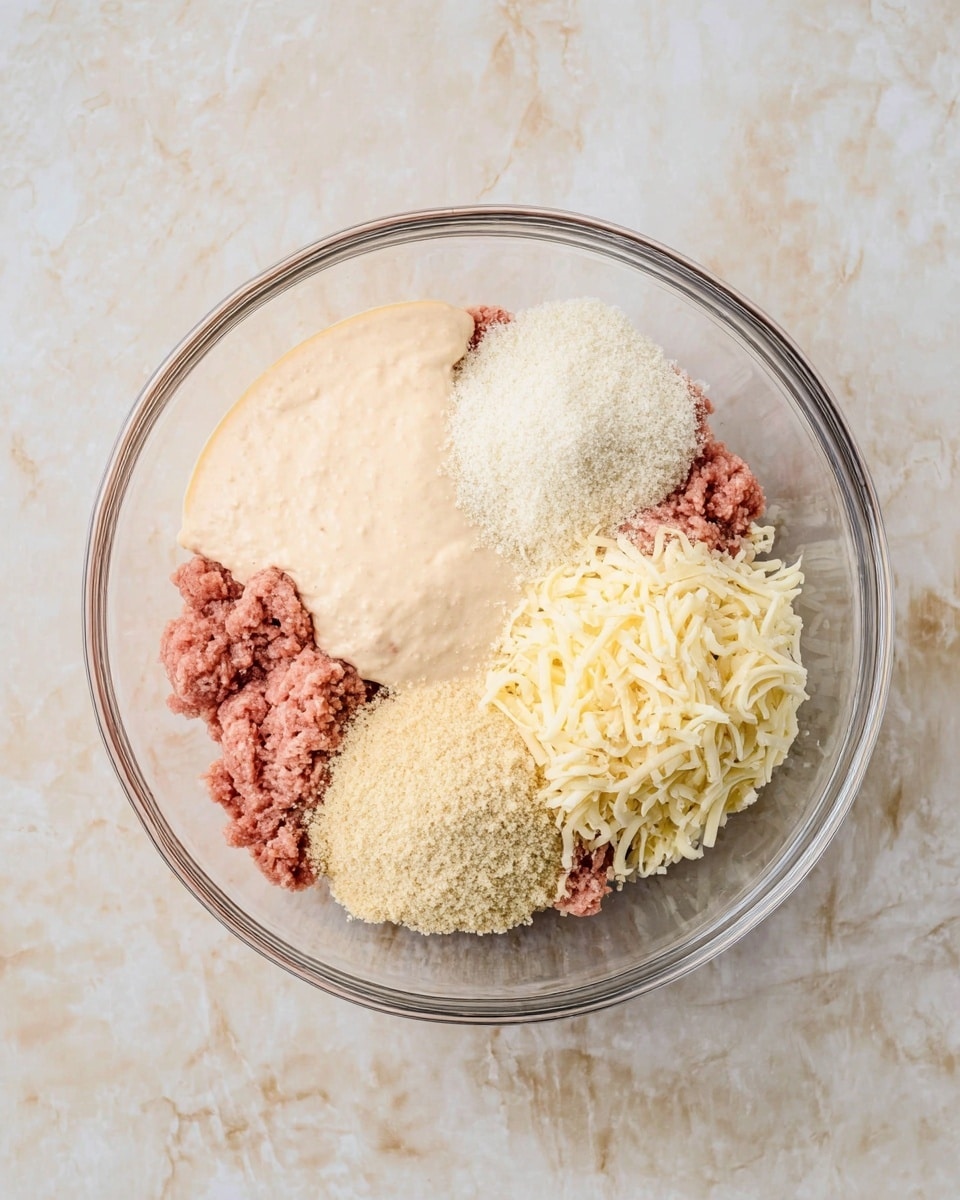 A clear glass bowl holds several ingredients layered with clear separation on a white marbled surface. At the base is light pink ground meat, topped with a thick pale beige creamy sauce on the upper left. To the right of the sauce is a small mound of fine white granules. Underneath this is a larger pile of finely shredded light yellow cheese. Below the cheese, there are two small piles of dry powders: one light beige and crumbly, the other a bit darker beige with a coarser texture. All ingredients are clearly visible, waiting to be mixed. Photo taken with an iphone --ar 4:5 --v 7