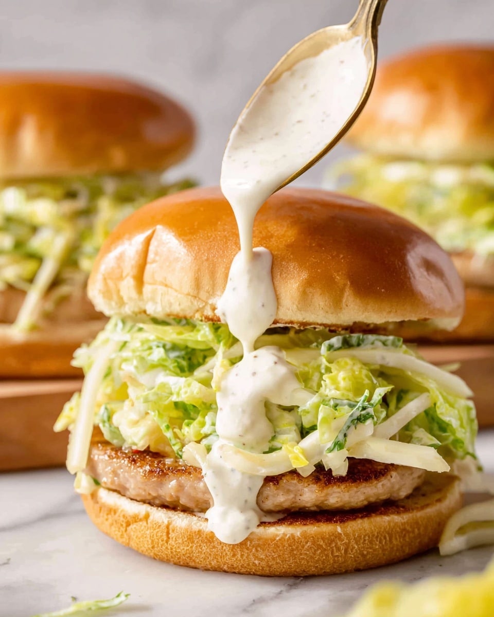 A close-up view of a sandwich with three main layers. The bottom layer is a light brown toasted bun with a soft texture. On top of it sits a round, light beige patty with a smooth surface. Above the patty is a bright green layer of shredded lettuce mixed with thin pale yellow strips, possibly cheese. White creamy sauce is being poured over the top by a spoon, showing a thick and smooth consistency. The top bun, also light brown and shiny, is slightly tilted back to reveal the layers beneath. The background includes two more sandwiches slightly out of focus and a white marbled surface below. Photo taken with an iphone --ar 4:5 --v 7