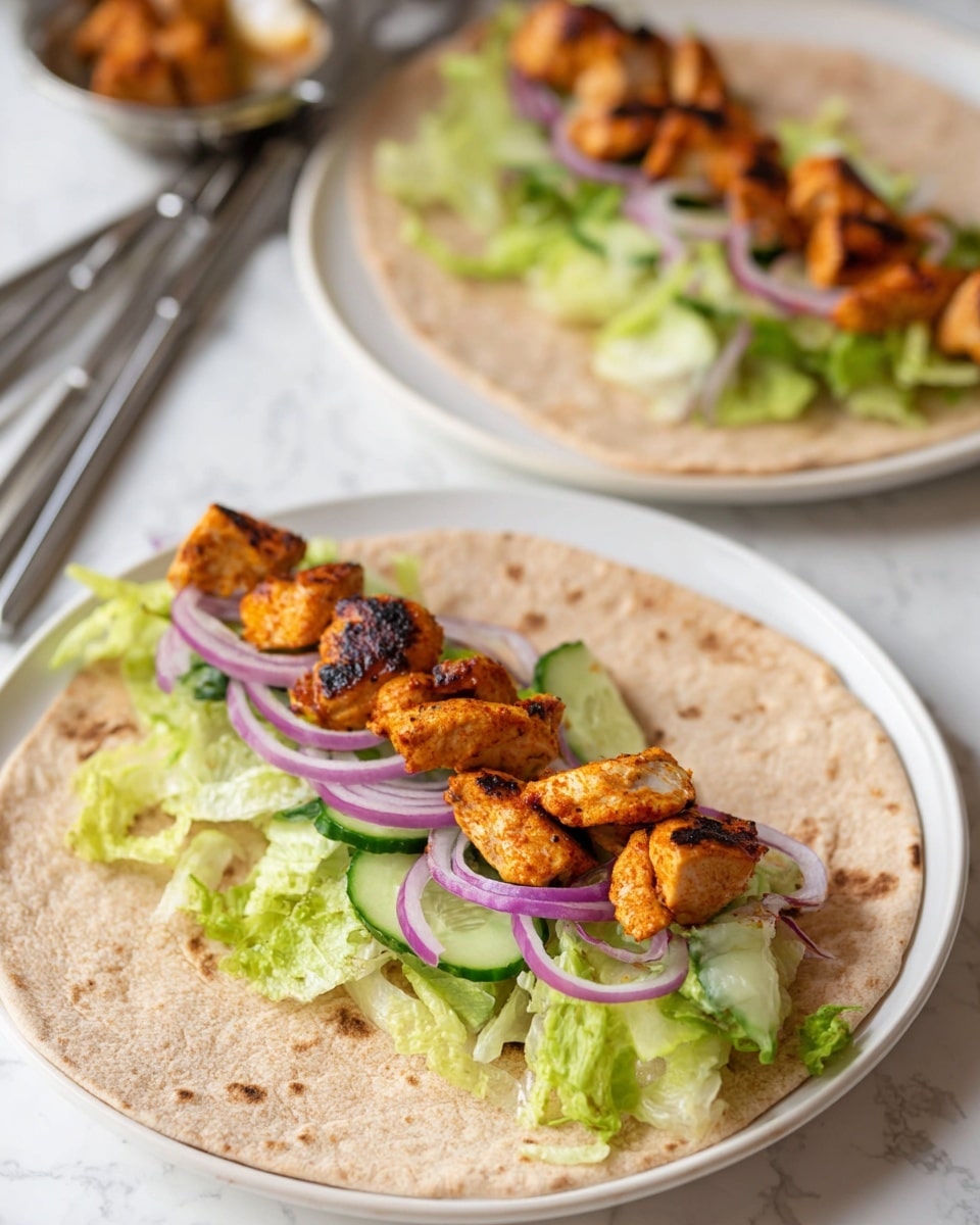 A flat whole wheat wrap lays open on a white marbled surface, with a central row of fresh bright green shredded lettuce as the base layer. On top, there are thin curved slices of pale purple onion evenly placed, adding color contrast. Bright orange grilled chicken pieces with visible charred spots are arranged in a neat line above the lettuce and onions. There are also small slices of light green cucumber mixed in with the lettuce and onions. The wrap and fillings show clear textures, with the chicken pieces looking slightly crispy outside. Photo taken with an iphone --ar 4:5 --v 7